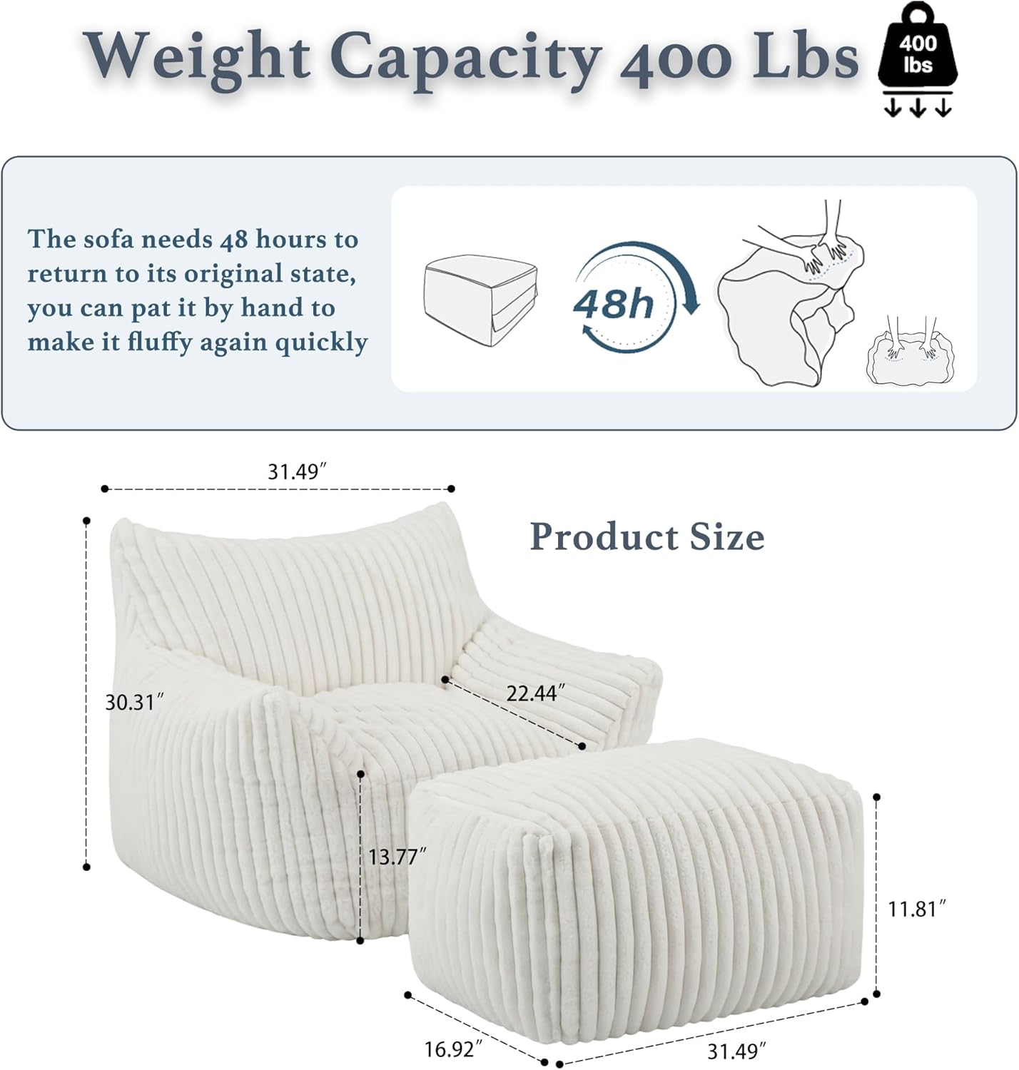 Oversized Bean Bag Chaise Lounge Chair Indoor for Adults with Armrests & Ottoman - Giant Comfy Beige Beanbag Lazy Floor Sofa Cloud Accent Chair for Reading, Gaming, Cozy Fluffy Cloud Mini Couch