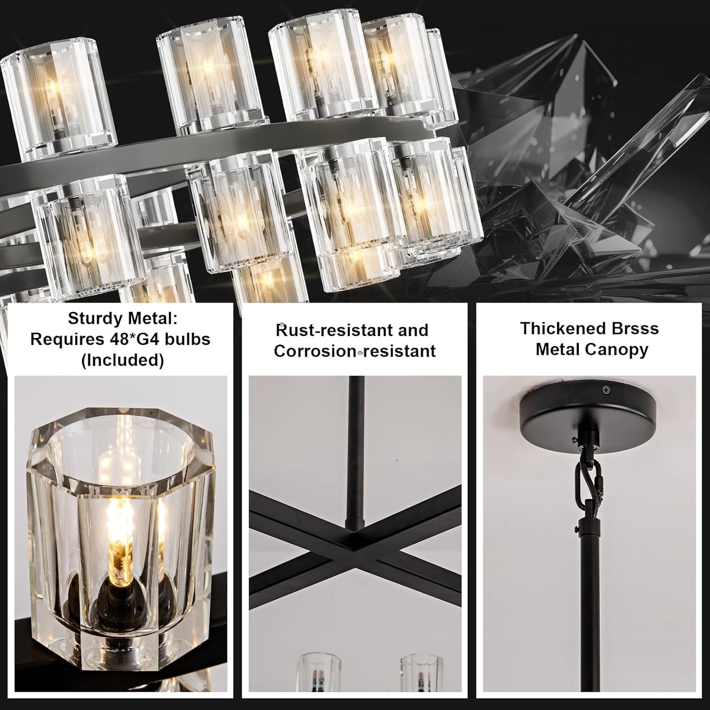 Modern 48 in Black Round Chandelier Light Fixture, Crystal Chandeliers for Dining Room, Living Room, Wagon Wheel Chandelier Over Table Chandeliers for Bedroom,Foyer,Includes 48xG4 Bulbs