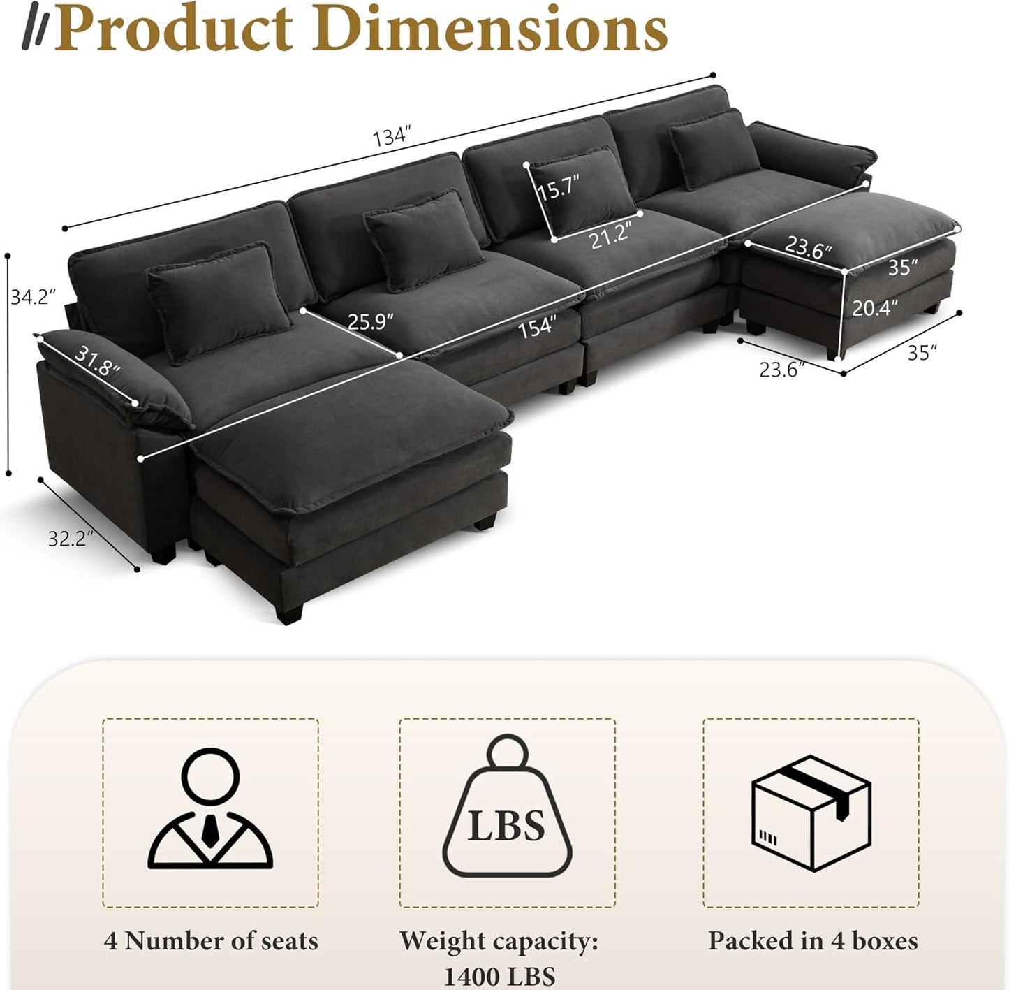 URRED Modular Sectional Sofa Comfy Cloud Couch, Modern Velvet Sofa Sleeper Deep Seat Couches with Ottoman/Pillows for Living Room (Dark Gray, 154'' - U Shape)