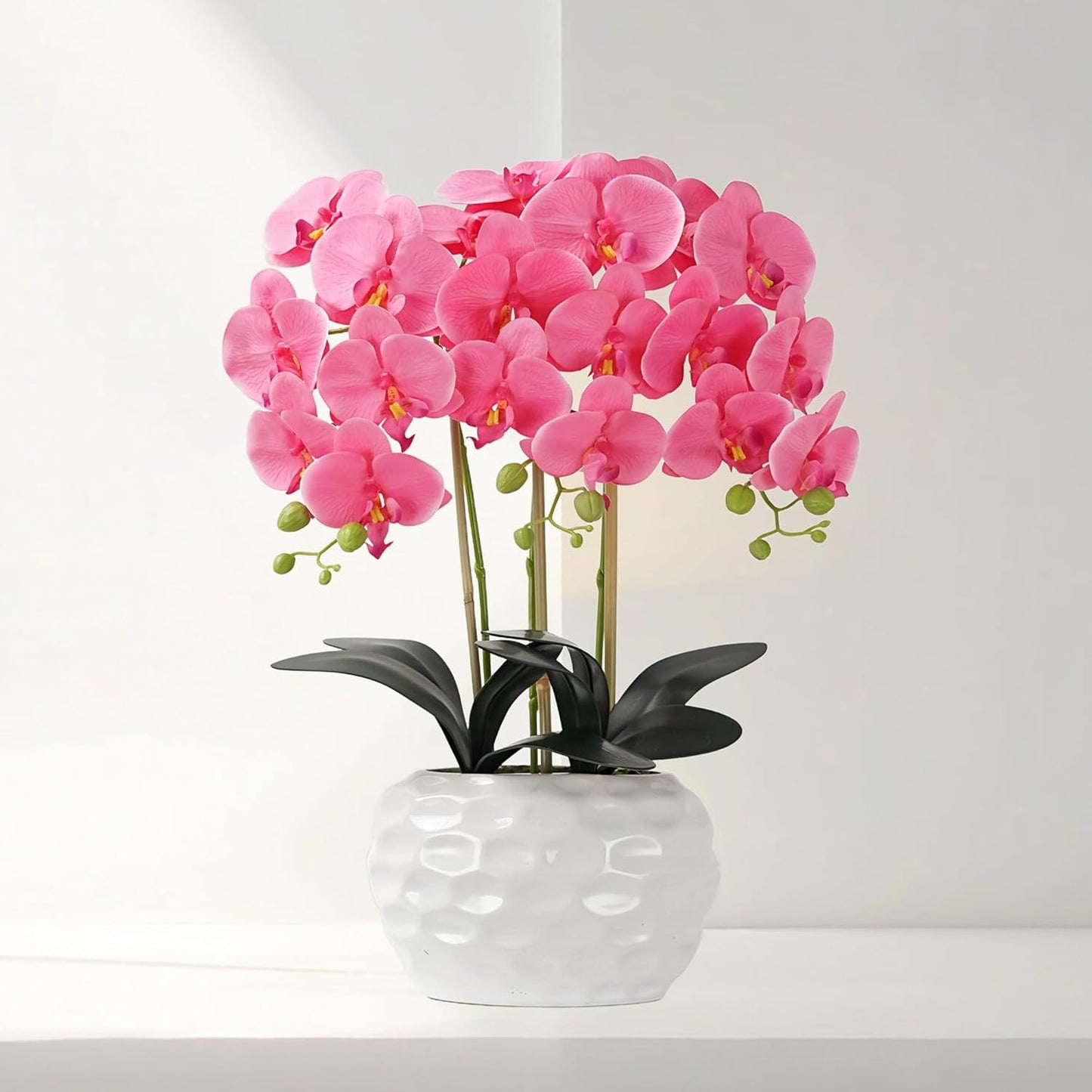 Orchid Artificial Flowers with White Vase Large Silk Faux Phalaenopsis Flowers for Dining Room Table Floral Centerpieces Indoor Decoration,Fuchsia