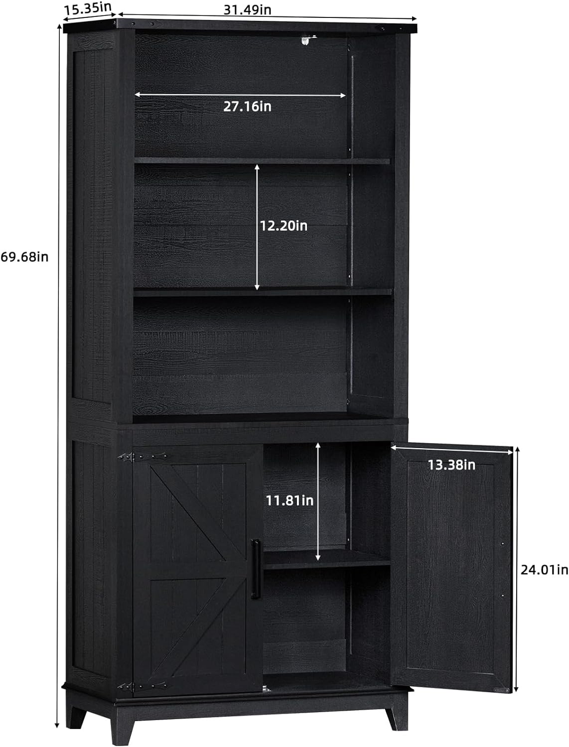 70in Tall Bookshelf 5 Tier Bookcase with Barn Doors and Adjustable Shelves, Black Farmhouse Book Shelf with Storage Cabinet, Wood Freestanding Display Bookshelves for Bedroom, Kitchen (2PCS)