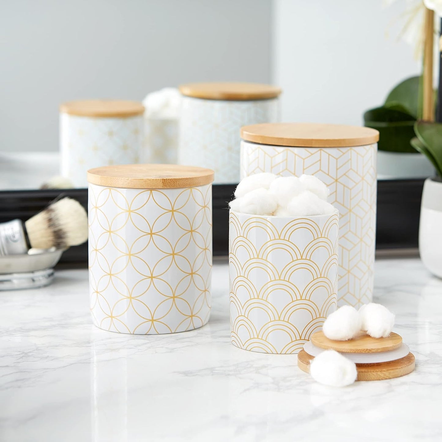 DII Kitchen Ceramics Collection, Canister Set, Mixed Print, White/Gold, 3 Piece