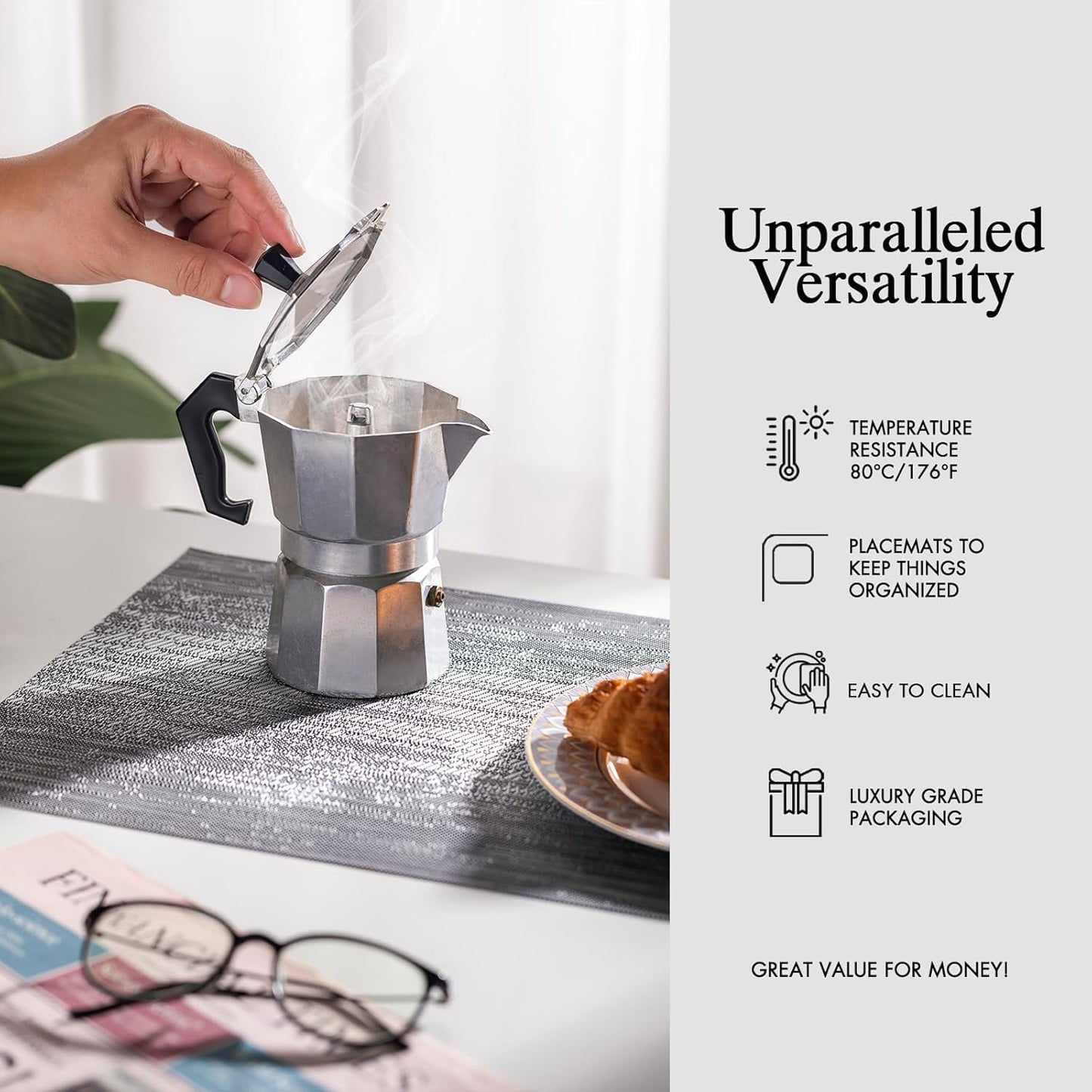 Placemats Set of 8 - Easy Clean Woven Vinyl Placemat for Dining Table, Indoor/Outdoor Place Mats, Washable PVC Table Mats（Gray）