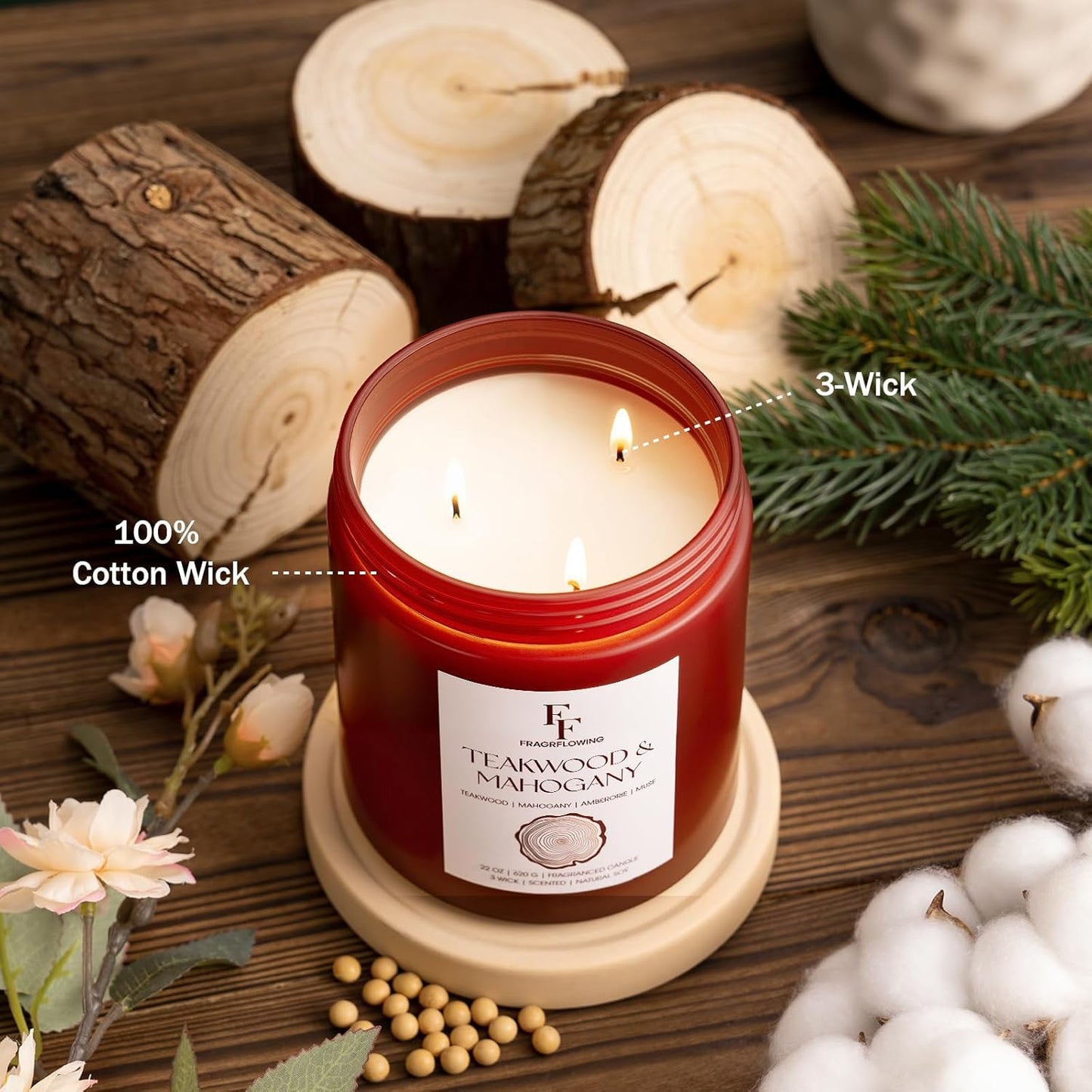 Teakwood & Mahogany Large Scented Candle, 3-Wick 22oz Long Lasting Scented Candle, Natural Soy Wax Aromatherapy Candle for Home, Autumn Candle Gifts for Women Men