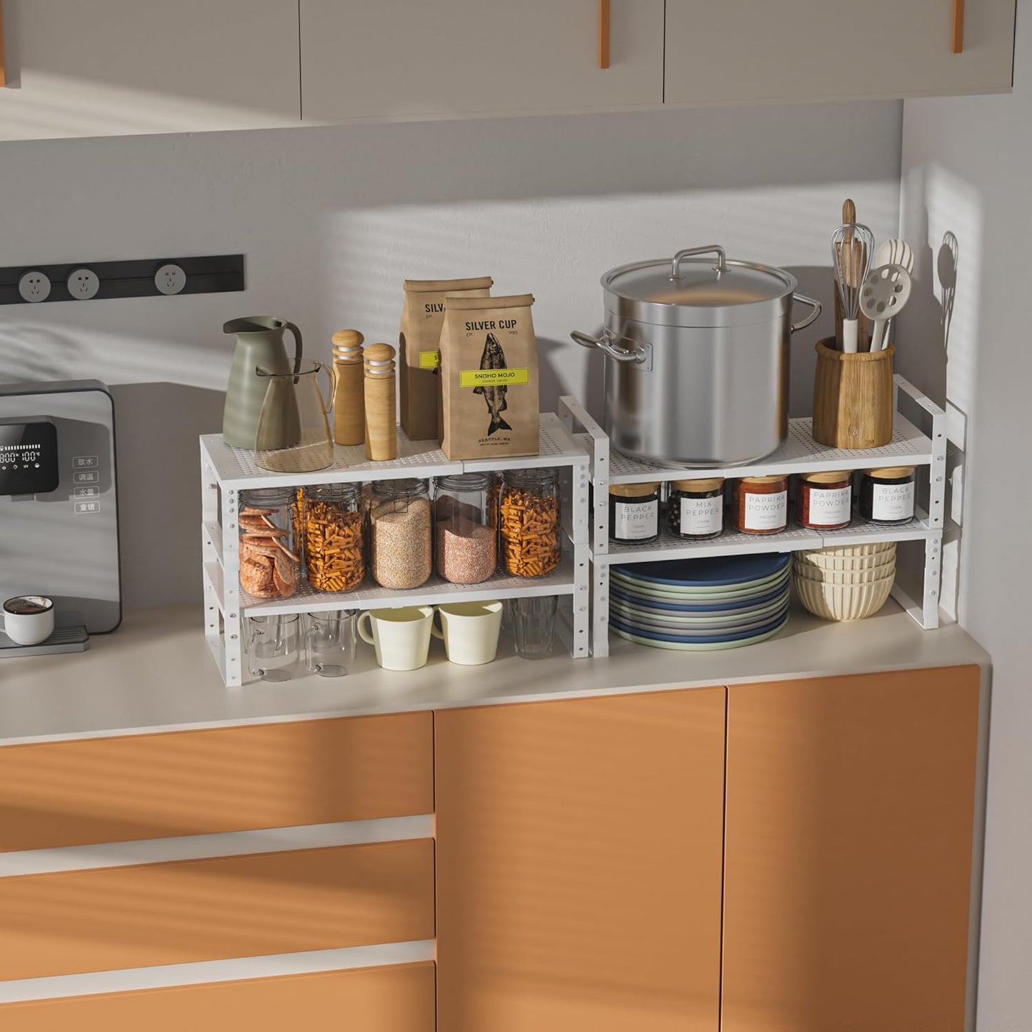 Expandable,Adjustable & Stackable Spice Rack, Cabinet Kitchen Countertop Shelf Organizer,Metal Pantry Storage Shelves - Space-Saving Storage Solution(2Packs/White/Large)