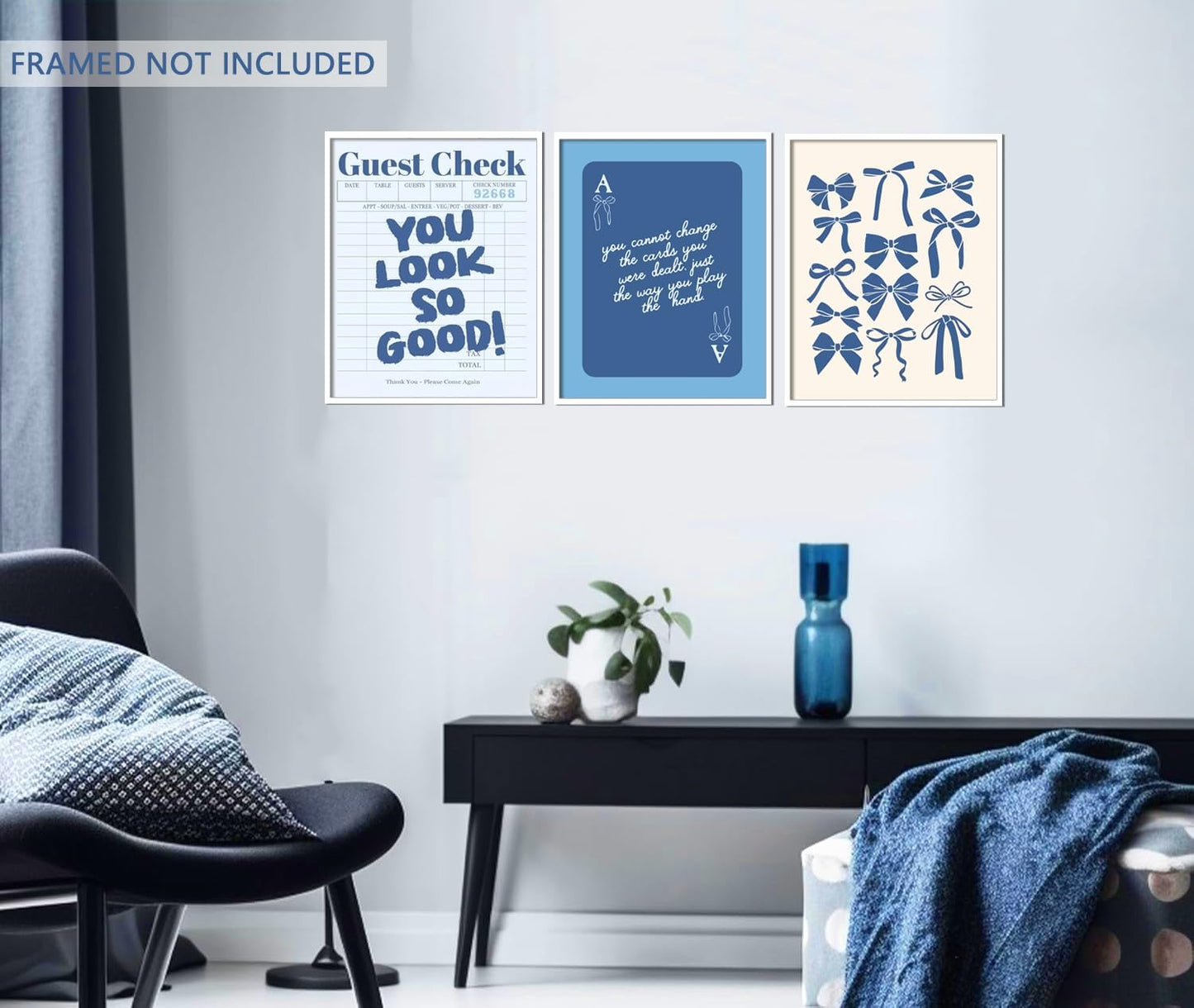 Blue Preppy Wall Art Set of 3 Trendy Navy Bow Posters Retro Guest Check Canvas Prints Poker Painting Minimalist Positive Quote Picture Decor Aesthetic for Living Room Dorm Apartment 12x16in Unframed