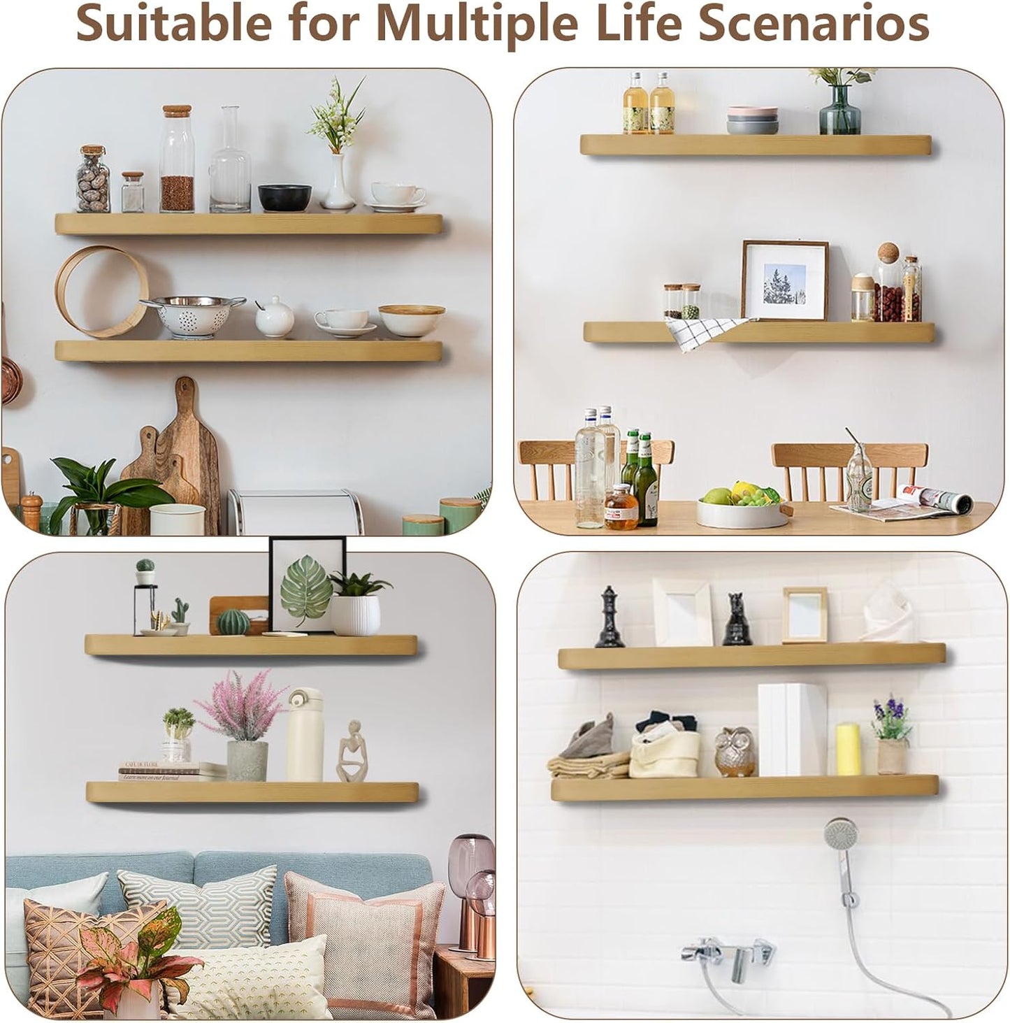 Solid Wood Floating Shelves Set of 2 - Natural, Warp & Crack Resistant 35.43 Inch Wall Shelf with Invisible Brackets Thicker, More Durable for Bathroom, Bedroom, Kitchen, Living Room (Wood, 35.43)