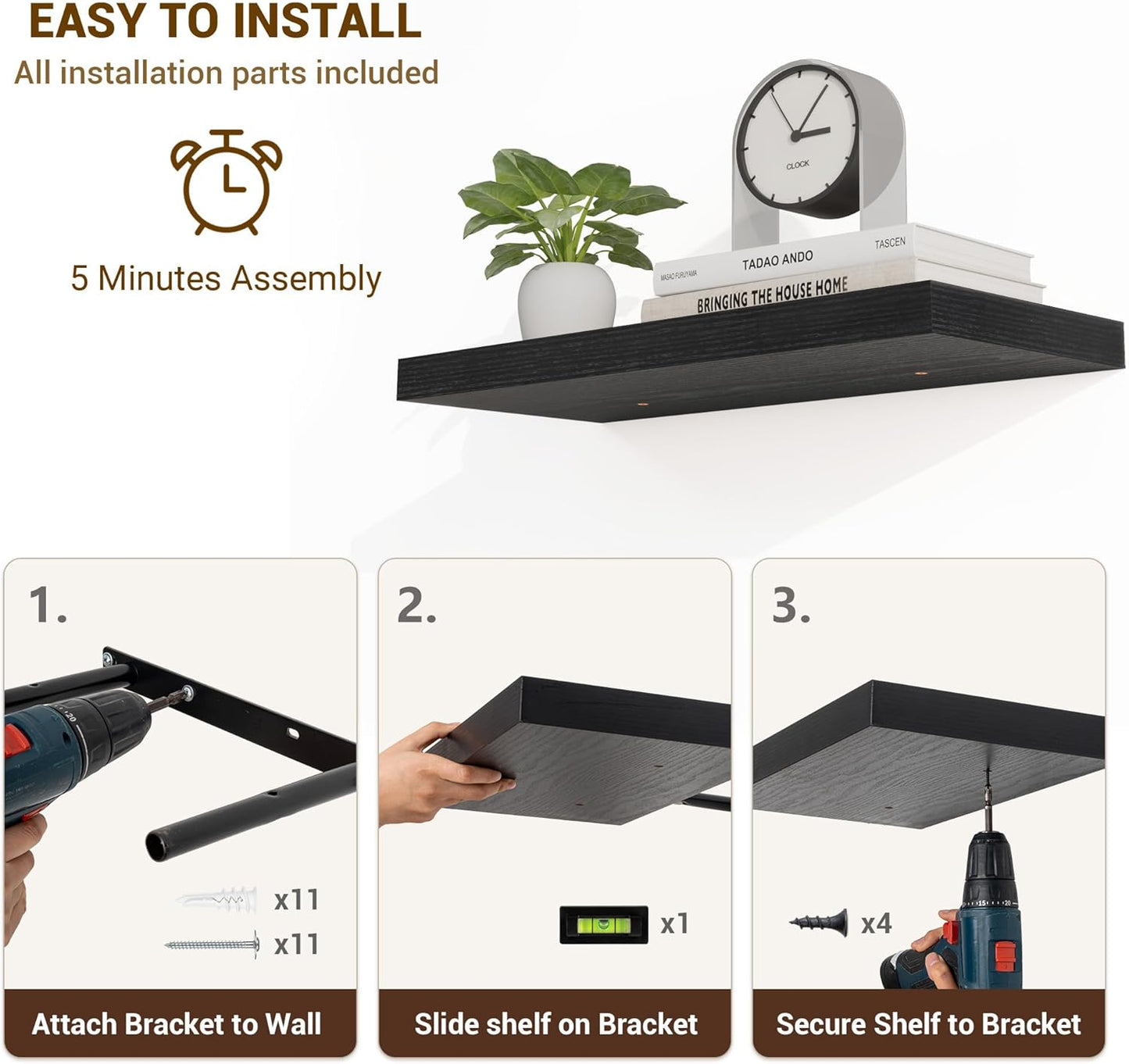 36 Inch Floating Shelves, 36"x9.25"x1.5" Inch Deep Floating Shelves for Wall, Wooden Shelves for Bathroom, Bedroom, Living Room, Black