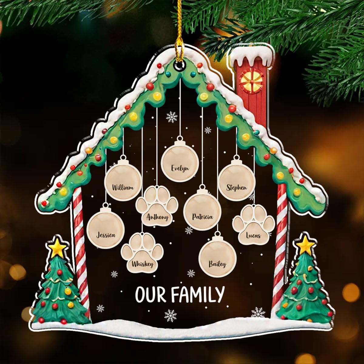 Personalized Family Christmas Acrylic Ornament 2024 - Custom Name Charms Family Members up to 10 People and Pets, Paw Charm Ornament Gifts for Family Tree Decoration (A02, 10 Names)