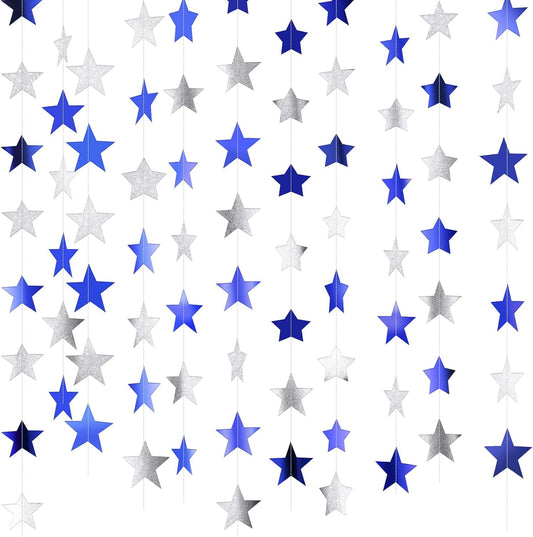 Patelai Glitter Star Garland Banner Decor 130 Feet Star Hanging Bunting Banner Twinkle Backdrop for Homecoming Classroom Wedding Birthday Halloween Christmas Party Supplies(Ocean Blue, Glitter Silver)