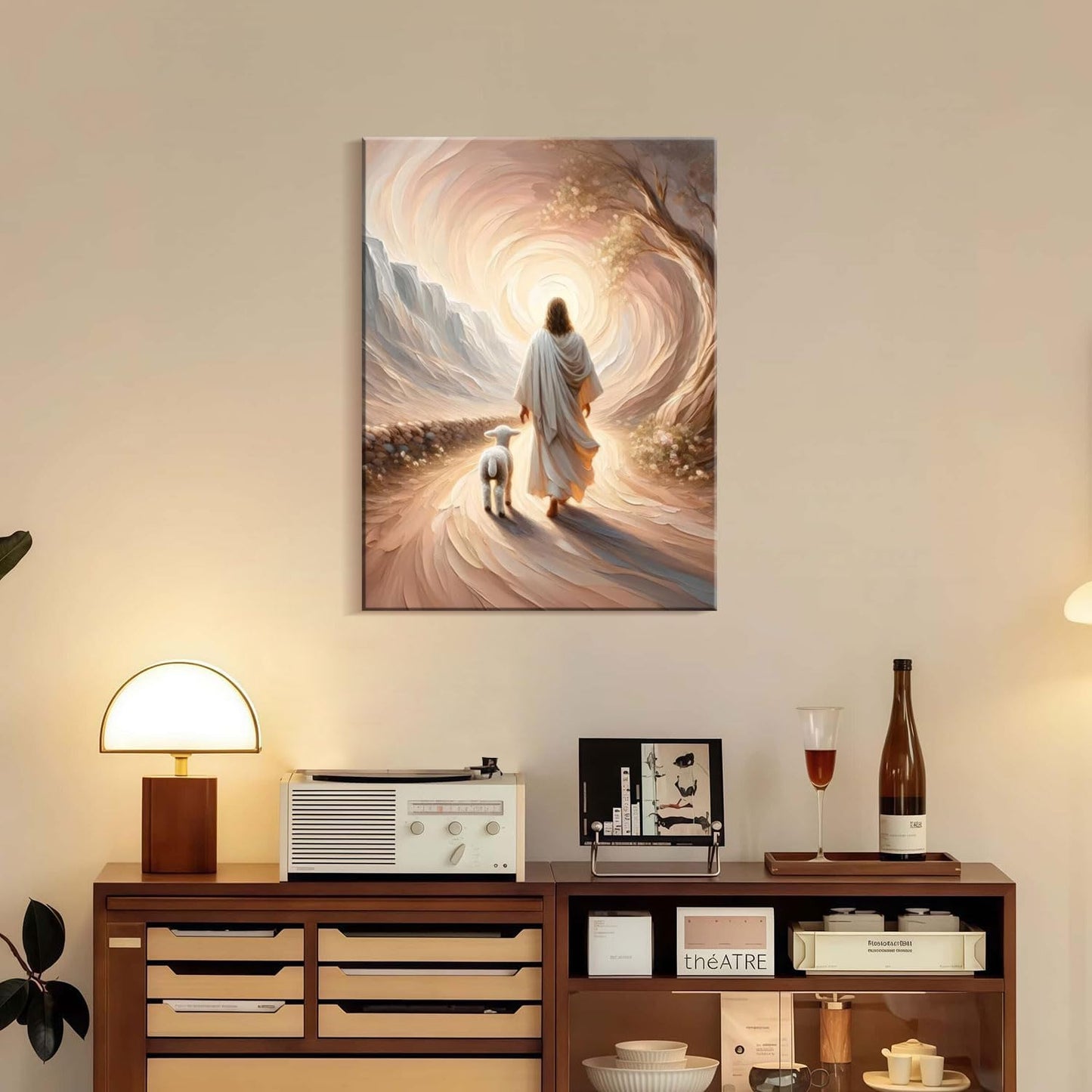 Framed Canvas Jesus and Lamb Wall Decor Wall Art Gallery Decoration Unique Print Wall Decor for Living Room Bedroom Church Home Decor 16x24 Inch Ready to Hang