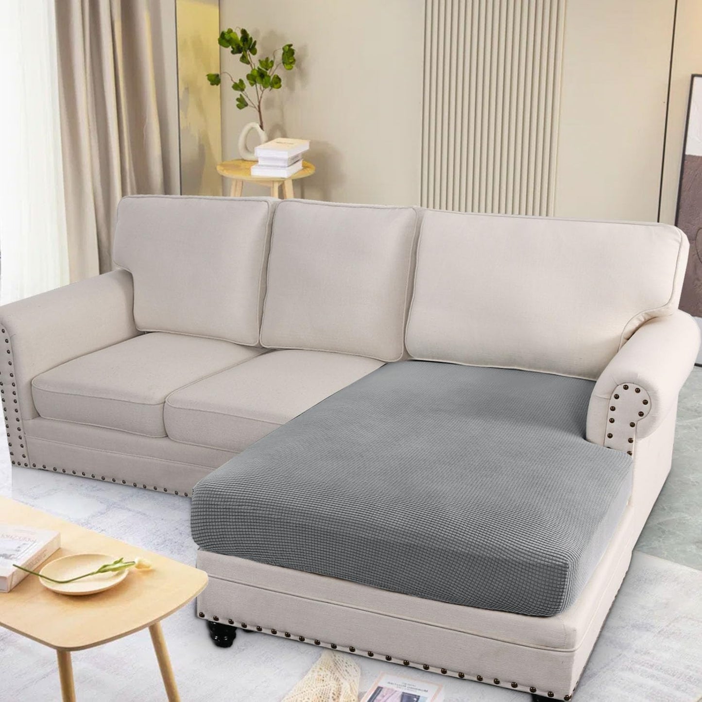 H.VERSAILTEX Super Stretch Individual Chaise Cover Sectional Couch Covers for L Shaped Sofa Both Left/Right Featuring Thick Jacquard Textured Twill Fabric (1 Piece Chaise Cover Large, Dove)