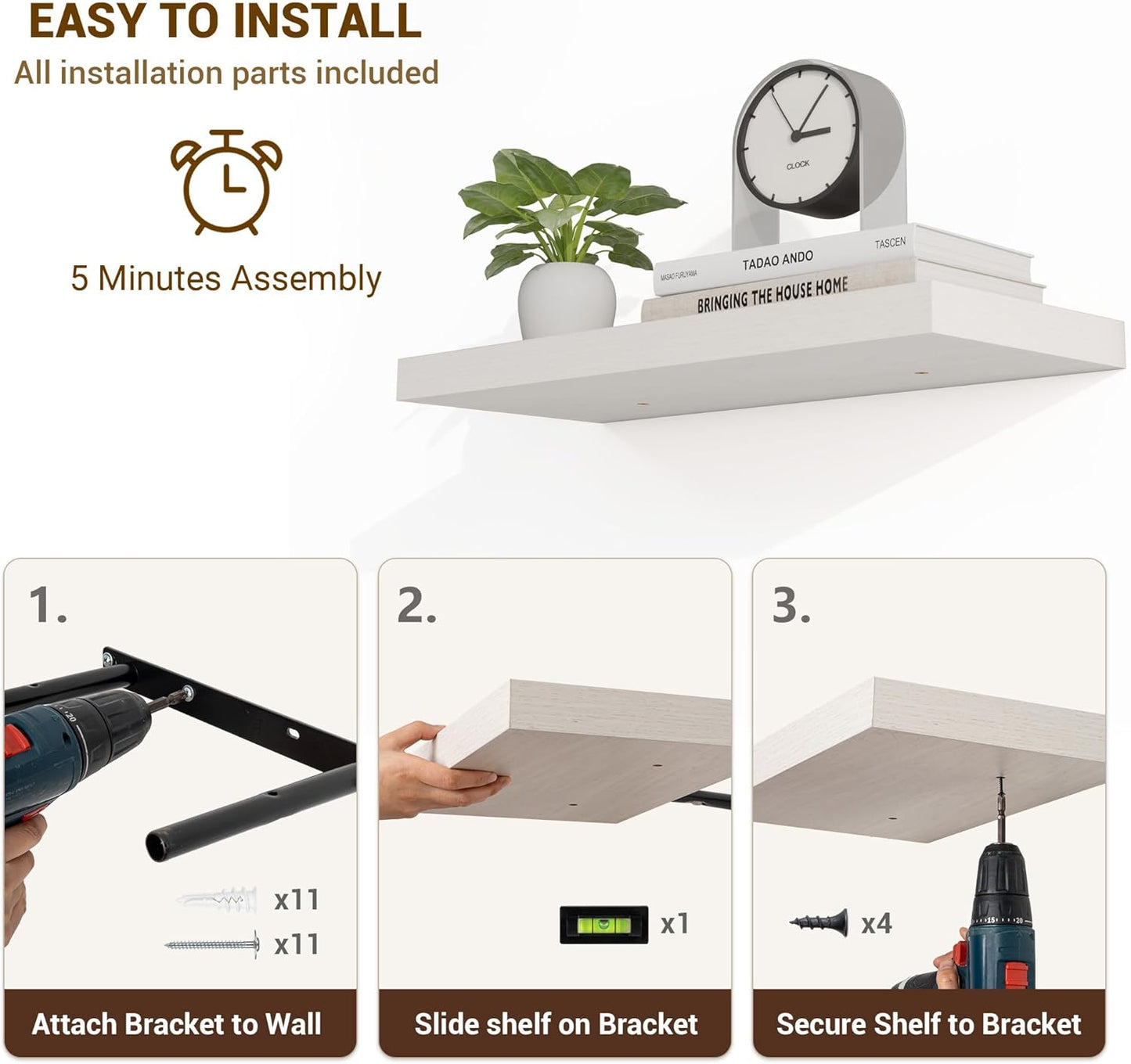 16 Inch Floating Shelves, 16"x9.25"x1.5" Inch Deep Floating Shelves for Wall, Wooden Shelves for Bathroom, Bedroom, Living Room, Cream White Oak