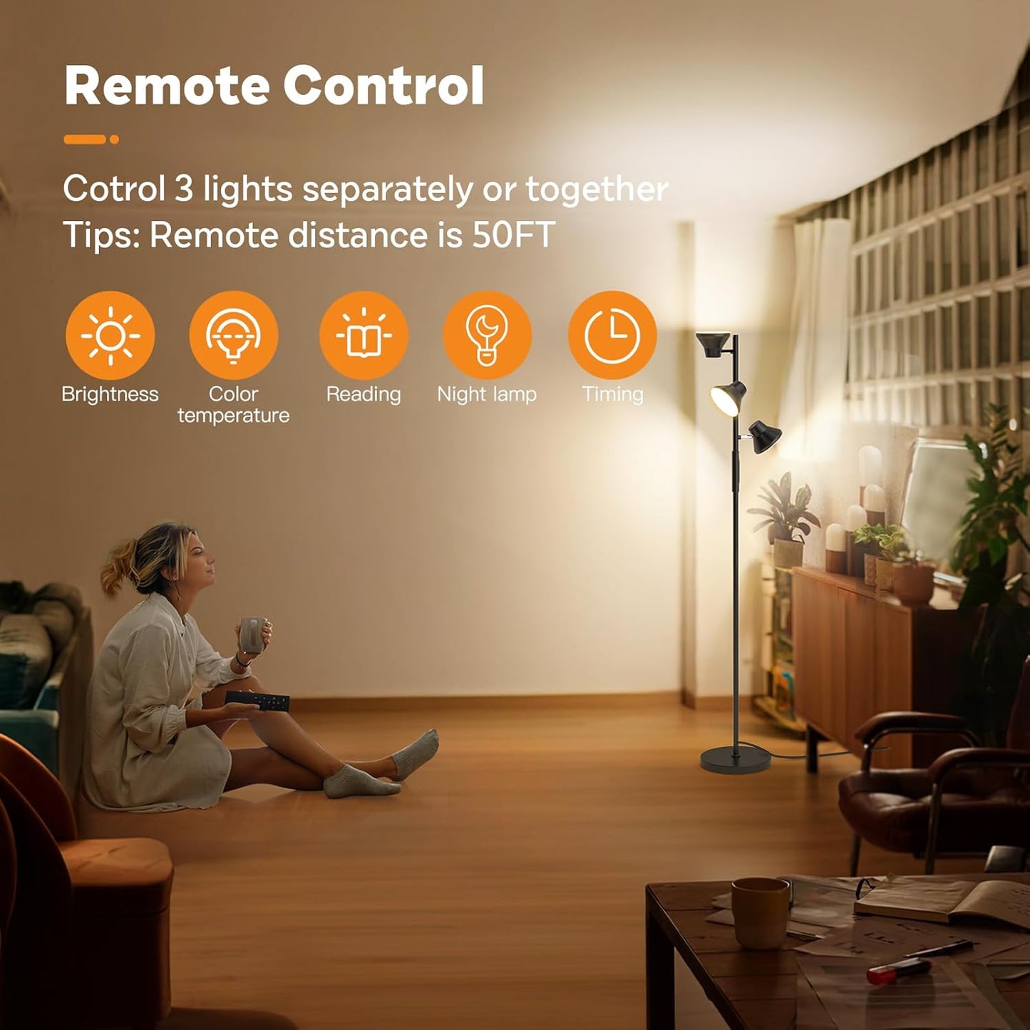 LED Floor Lamp, 36W Modern Floor Lamp with Remote & Touch Control, 4 Color Temperatures, Standing Lamp with 3 Rotatable Lights, Floor Lamps for Living Room, Bedroom, Office