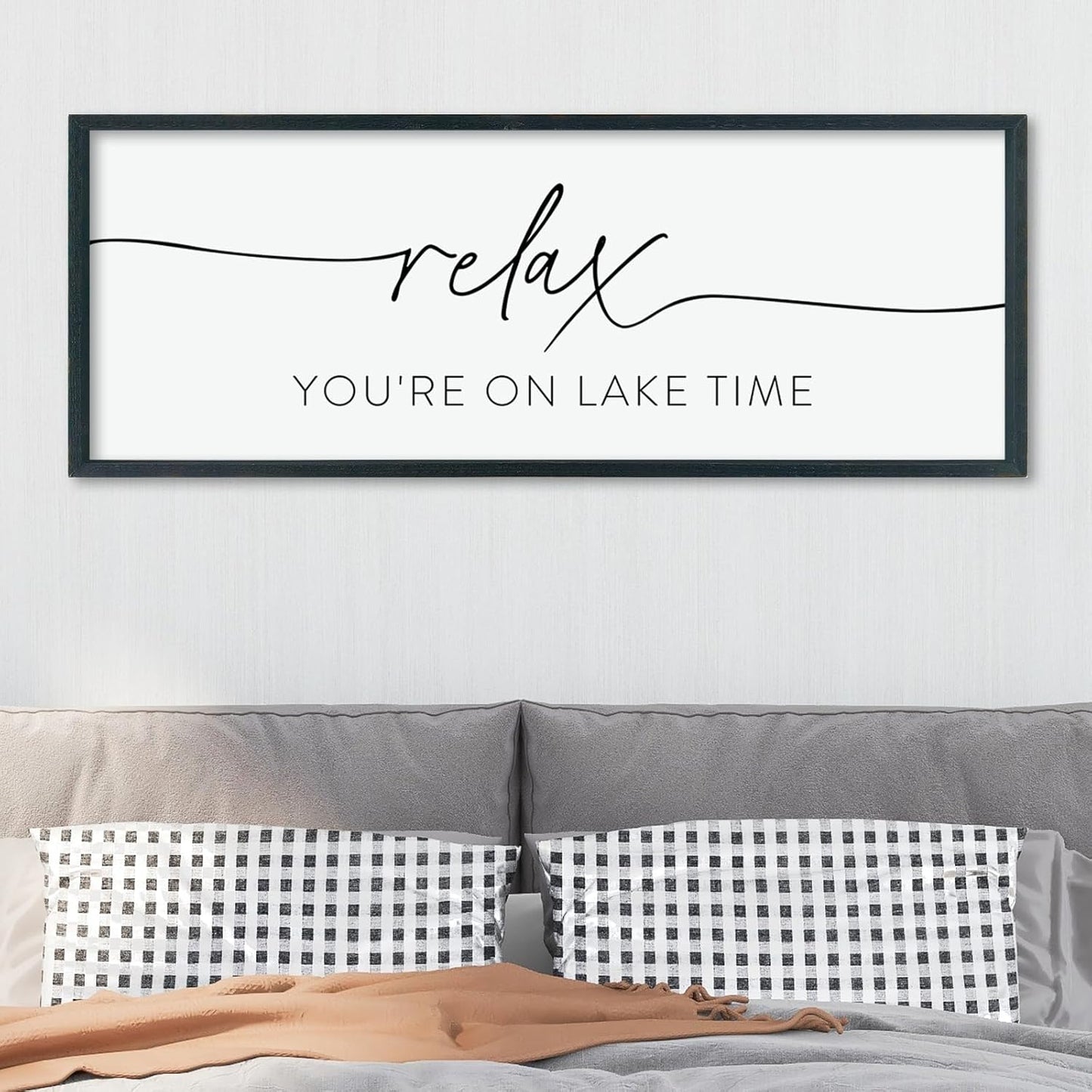 Relax You're On Lake Time Sign Wall Decor 40"×15" Lake House Bedroom Large Wood Framed Hanging Wall Art (Black)