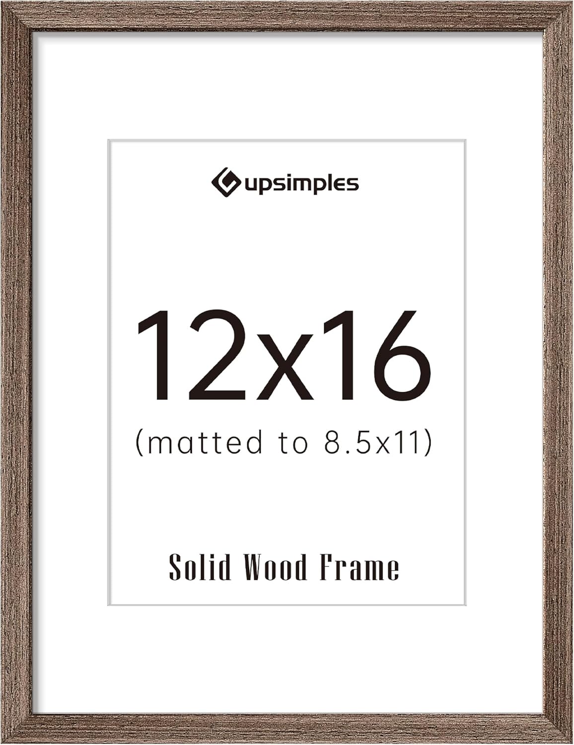 upsimples 12x16 Picture Frame, Natural Solid Wood Picture Frames, Display 8.5x11 with Mat or 12 x 16 Without, Vertical & Horizontal Wall Hanging, 1 Pack, Brown