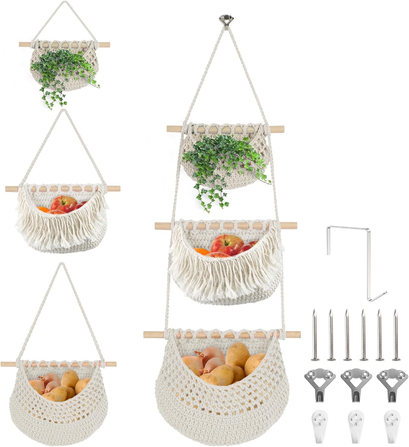 Hanging Baskets for Organizing, 3 Tier Detachable Wall Hanging Fruit Basket Over the Door Organizer for Fruit Vegetable Plant, Beige Boho Cotton Crocheted Fruit Holder for Kitchen Bathroom Bedroom