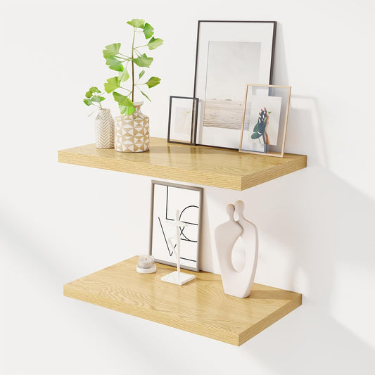 24" Floating Shelves for Wall, 12" Deep Slim Oak Floating Shelves, Wall-Mounted Shelves for Bedroom, Living Room, Kitchen, Bathroom - Set of 2