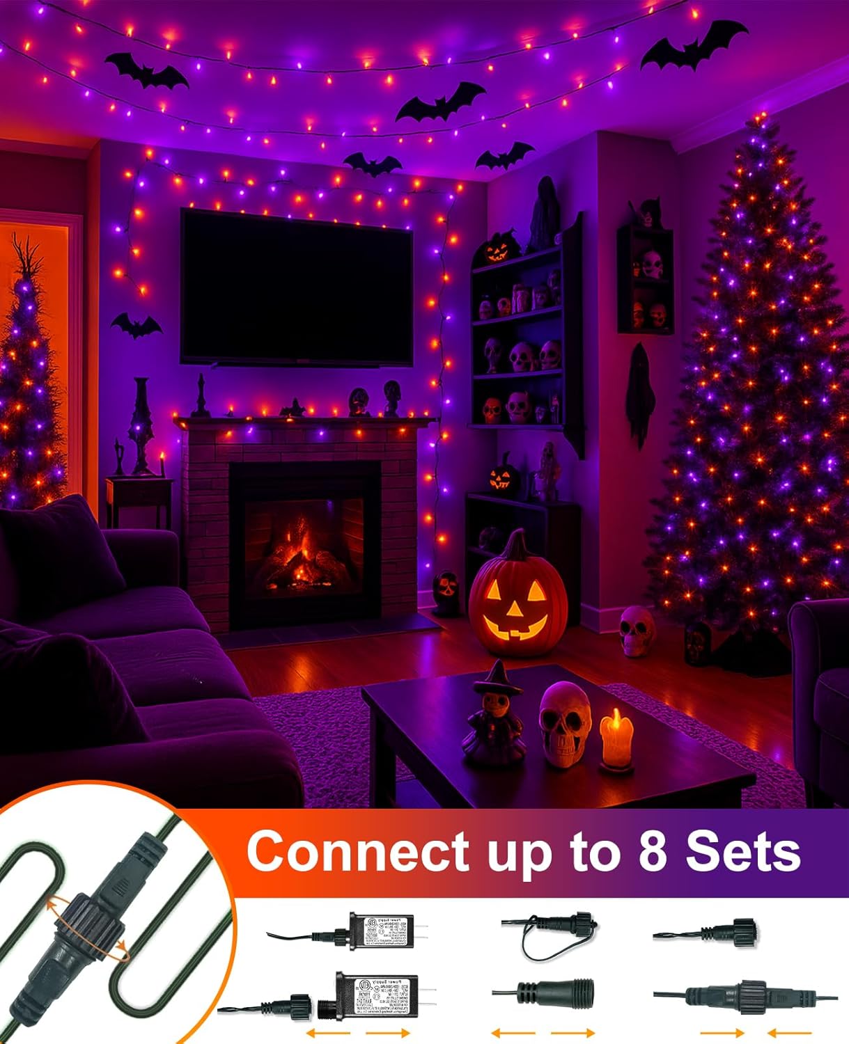 Halloween Lights Outdoor 40FT 120 LED, Green Wire String Lights for Outside Waterproof, 8 Modes Connectable Twinkle Tree Light for Indoor Bedroom Yard Party Holiday Decorations, Purple Orange