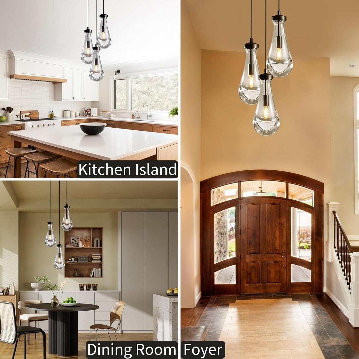 Bronze 3 Light Pendant Lighting, Raindrop Pendant Lights, Black Adjustable Hanging Rope Cluster Pendant Lighting Over Kitchen Island, Teardrop Glass Chandelier Dining Room Light Fixture