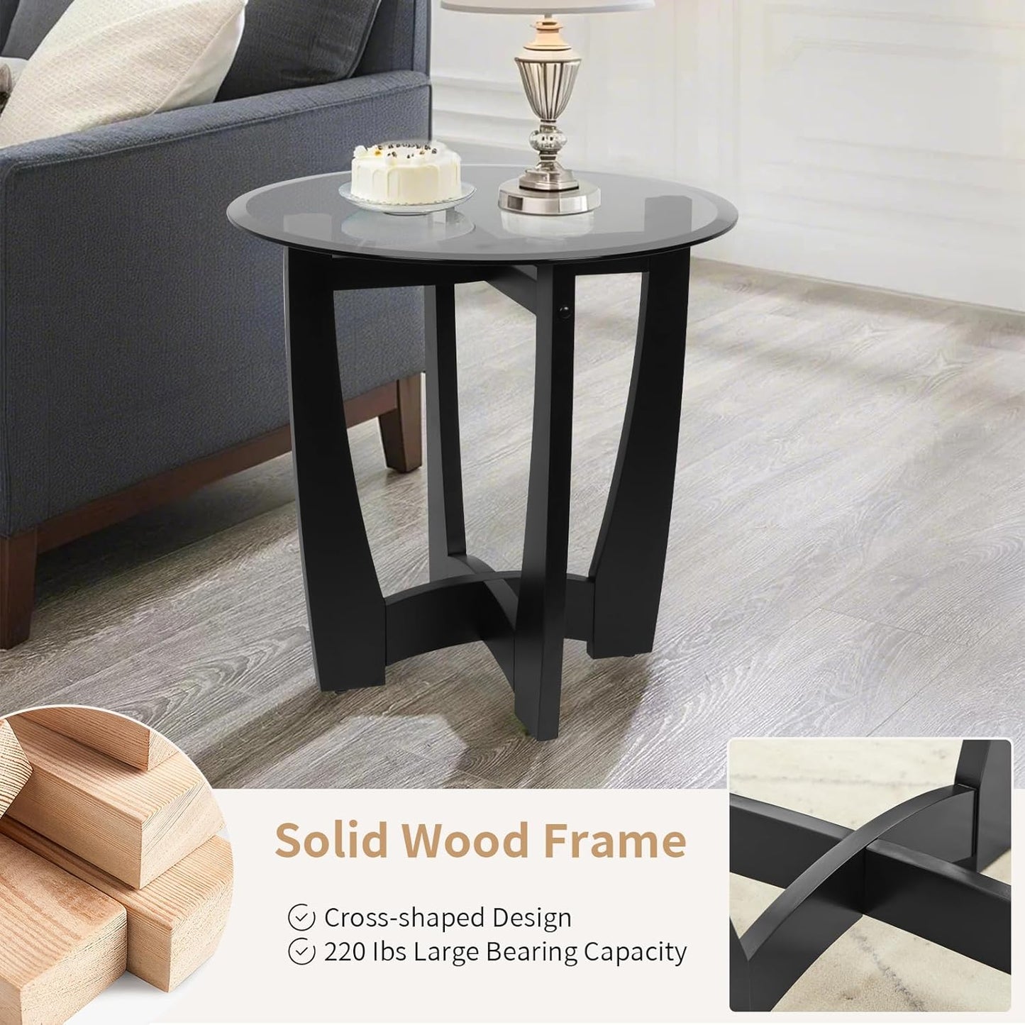 Glass End Table, 23.5" Round Side Tables with Black Tempered Glass Top Cross and Solid Wood Base Small Night Stand for Living Room Office Apartment Black