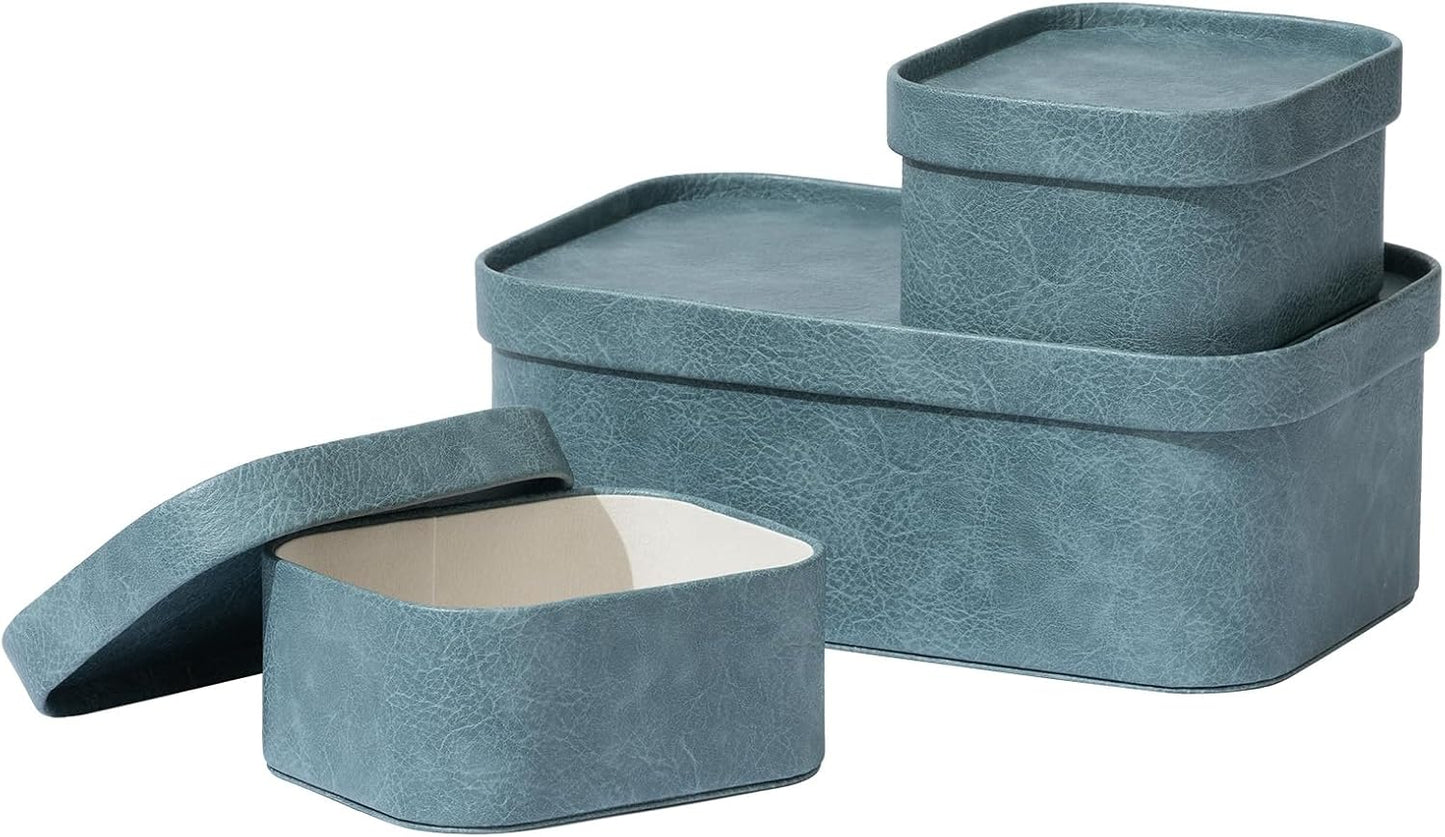 La Jolie Maison Vegan Leather Storage Boxes with Lids, Set of 3 Decorative Storage Containers Organize Stackable Storage Box, Dusty Blue