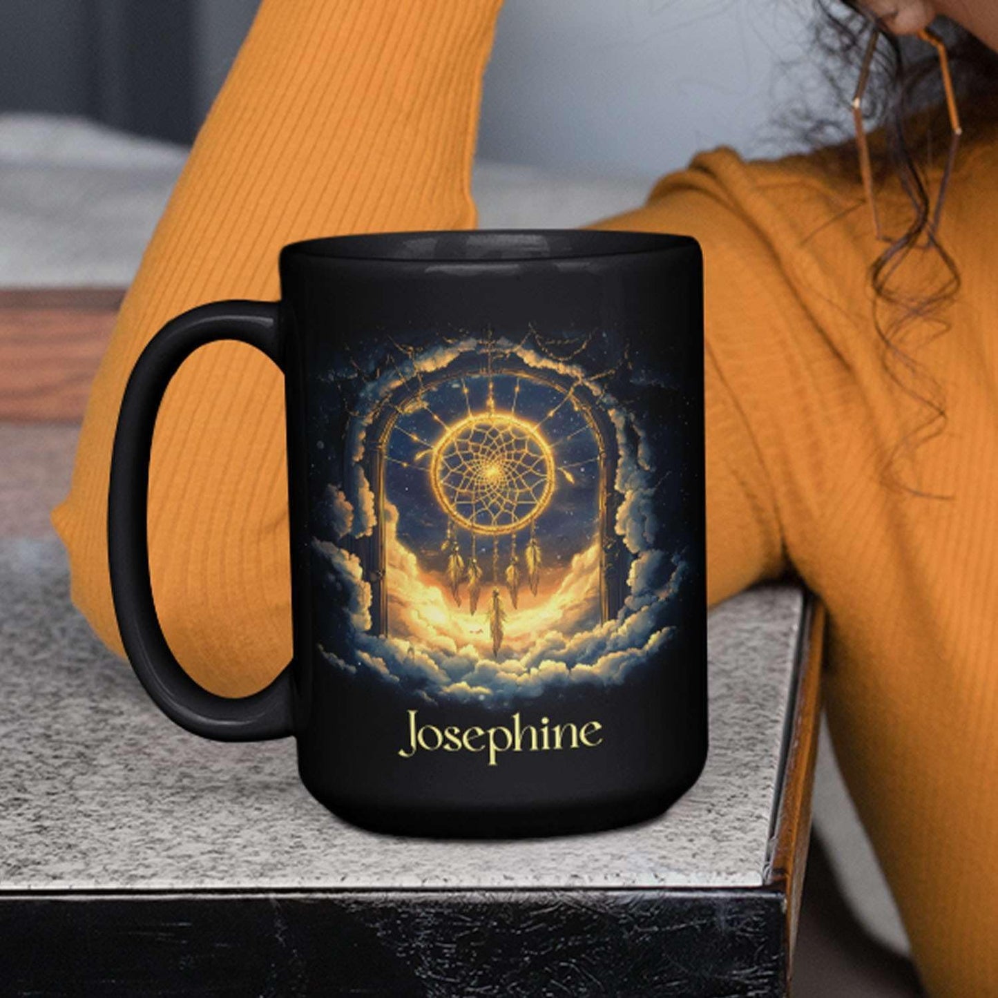 Personalized Name Black Coffee Mug, Custom Unique Celestial Mug 11oz or 15oz, Custom Fantasy Landscape Ceramic Cup, Nature Lover Coffee Cup for Holiday, Gifts for Women, Men