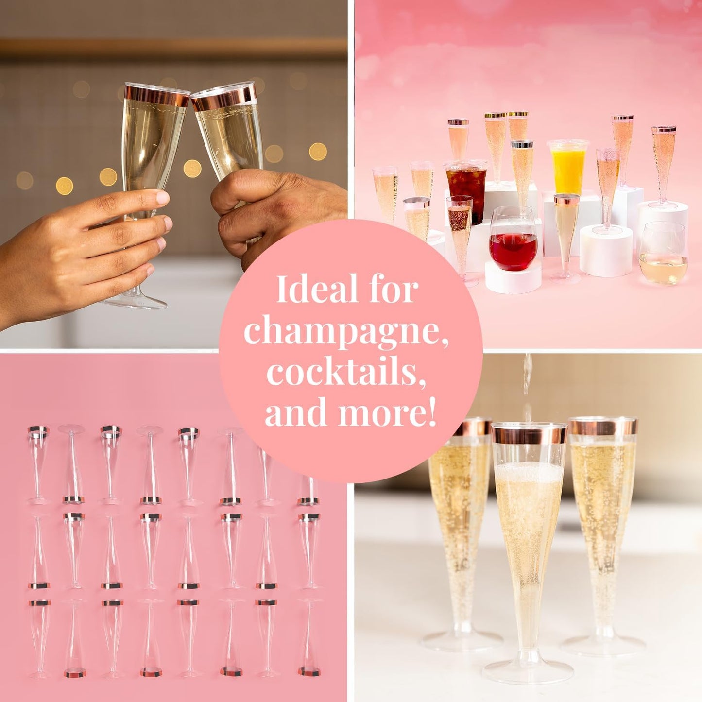 Prestee Set of 24 Plastic Champagne Flutes with Rose Gold Rim - 4.5 oz - Shatterproof Disposable Glasses - Elegant Design - Ideal for Weddings, Cocktail Parties, and Outdoor Celebrations