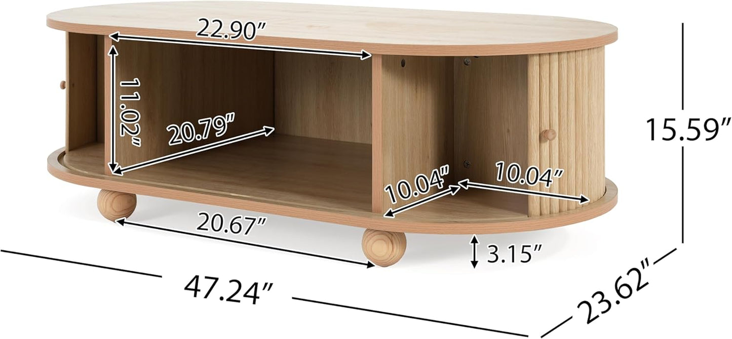 Oval Coffee Table with Storage for Living Room, Retro Charm Wooden Fluted Center Table, 47.24" Modern Classic Accordion Door Coffee Tables Dual Level Storage Side Table for Home,Office-Natural