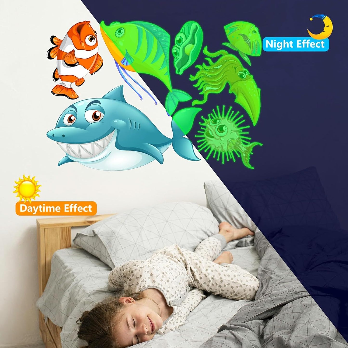 Glow in The Dark Ocean Fish Stickers, 36 PCS Glowing Luminous Sea Life Animals Wall Decals Under The Sea Ceiling Stickers for Kids Boys Girls Bedroom Nursery Playroom Party Room Decor
