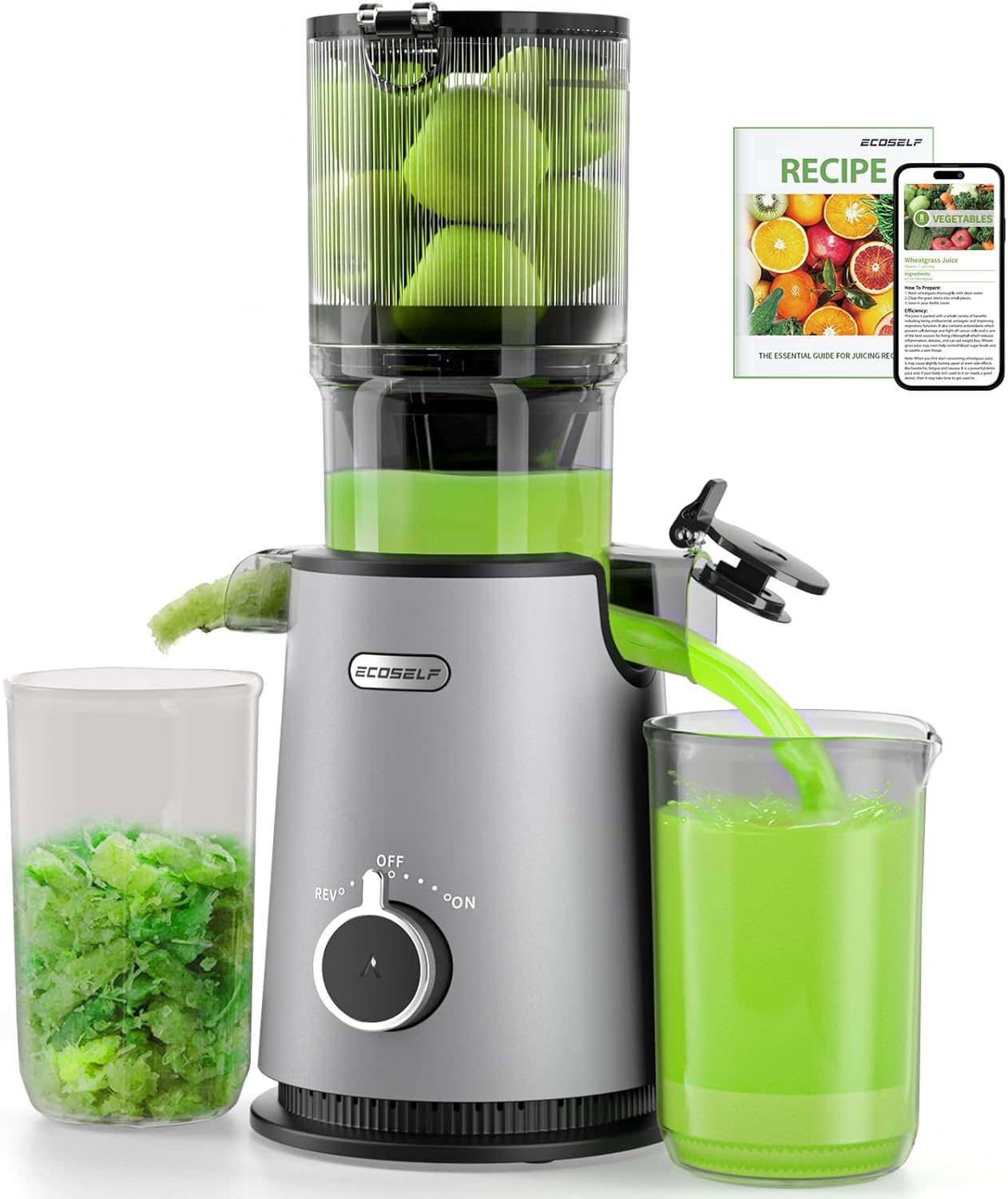 Cold Press Juicer, ECOSELF Juicer Machines with 4.35" Large Feed Chute Fit Whole Fruits & Vegetables, Self Feeding for Juice Extractor Machine, Easy to Clean and Assemble, High Juice Yield