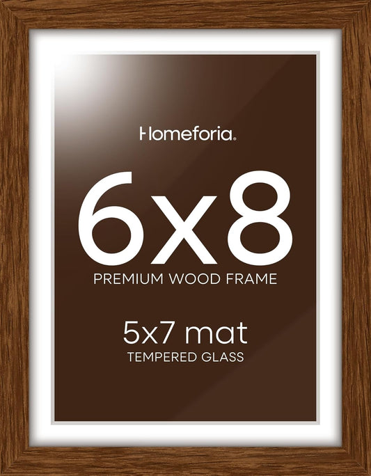 Homeforia 6x8 Picture Frame Brown Wood, High End Dark Oak 6x8 Walnut Wooden Frames with Mat 5x7 Photo, 6 x 8 Frame Matted to 5 x 7 Print, 8x6 Wall or Tabletop Frame, Tempered Glass, Wall Kit, Set of 1
