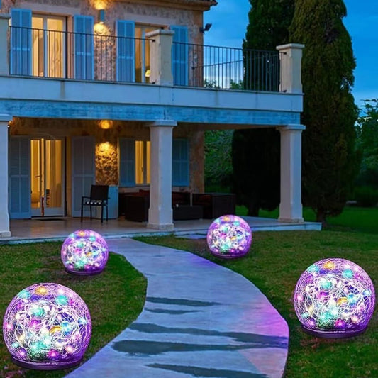 Solar Garden Lights, 4 Pack 120 LED Multicolor Cracked Glass Outdoor Decorative, Upgraded Waterproof Ball for Yard Pathway Patio Lawn Christmas Outside Decor, 3.94"