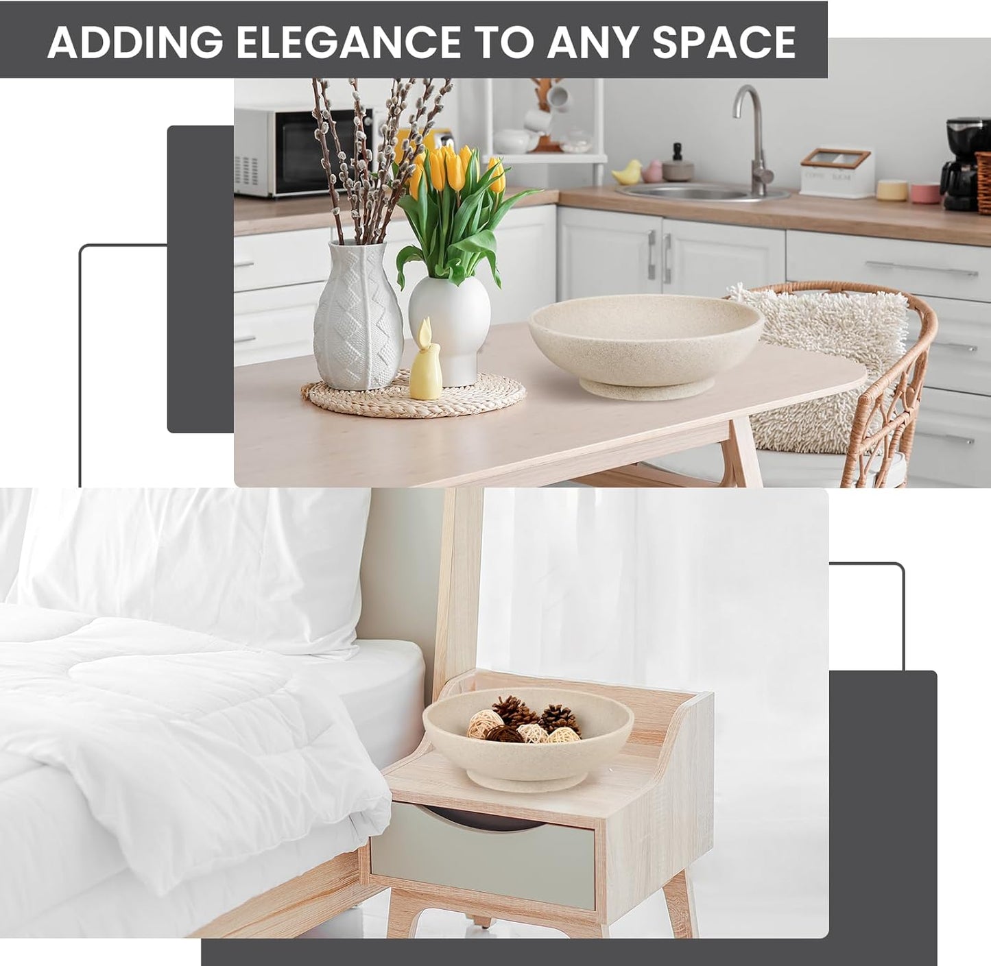 Large Decorative Bowl,Modern Fruit Bowl for Kitchen Counter,Handicraft Decorative Bowls for Home Decor,Stylish Key Bowl for Entry Table - Artificial Stone Beige