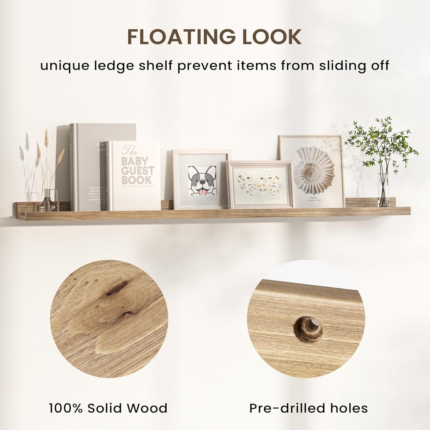 Floating Shelves for Wall, Picture Ledge Shelf 48 Inch Solid Wood Set of 2, Rustic Wall Shelves with Lip, Kids Bookshelf, Photo & Picture Live Edge Floating Shelves for Bedroom, Living Room, Kitchen