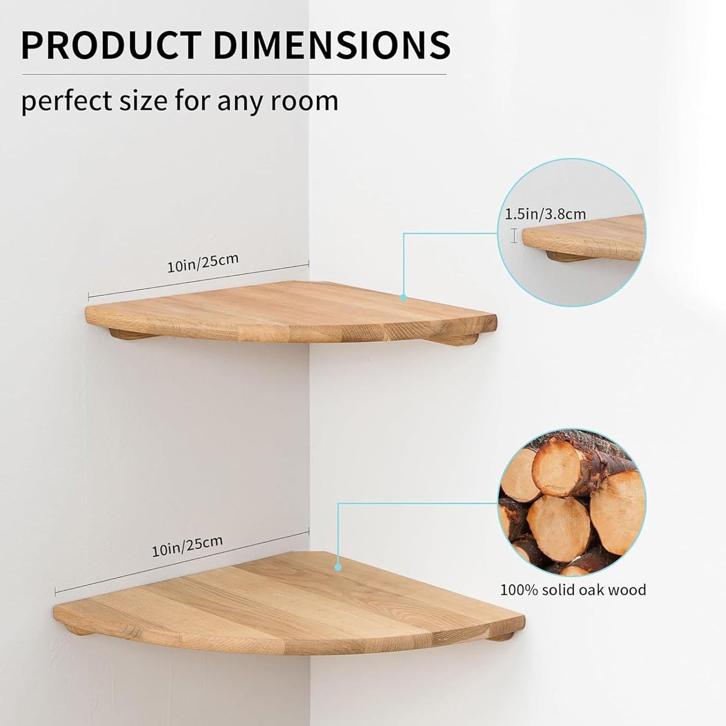 Corner Shelves, Floating Corner Shelf, Set of 2 10inch Solid Oak Wood Corner Wall Shelves, Round End Wall Mount Display Shelf with Wire Hole for Bedroom Kitchen, Living Room