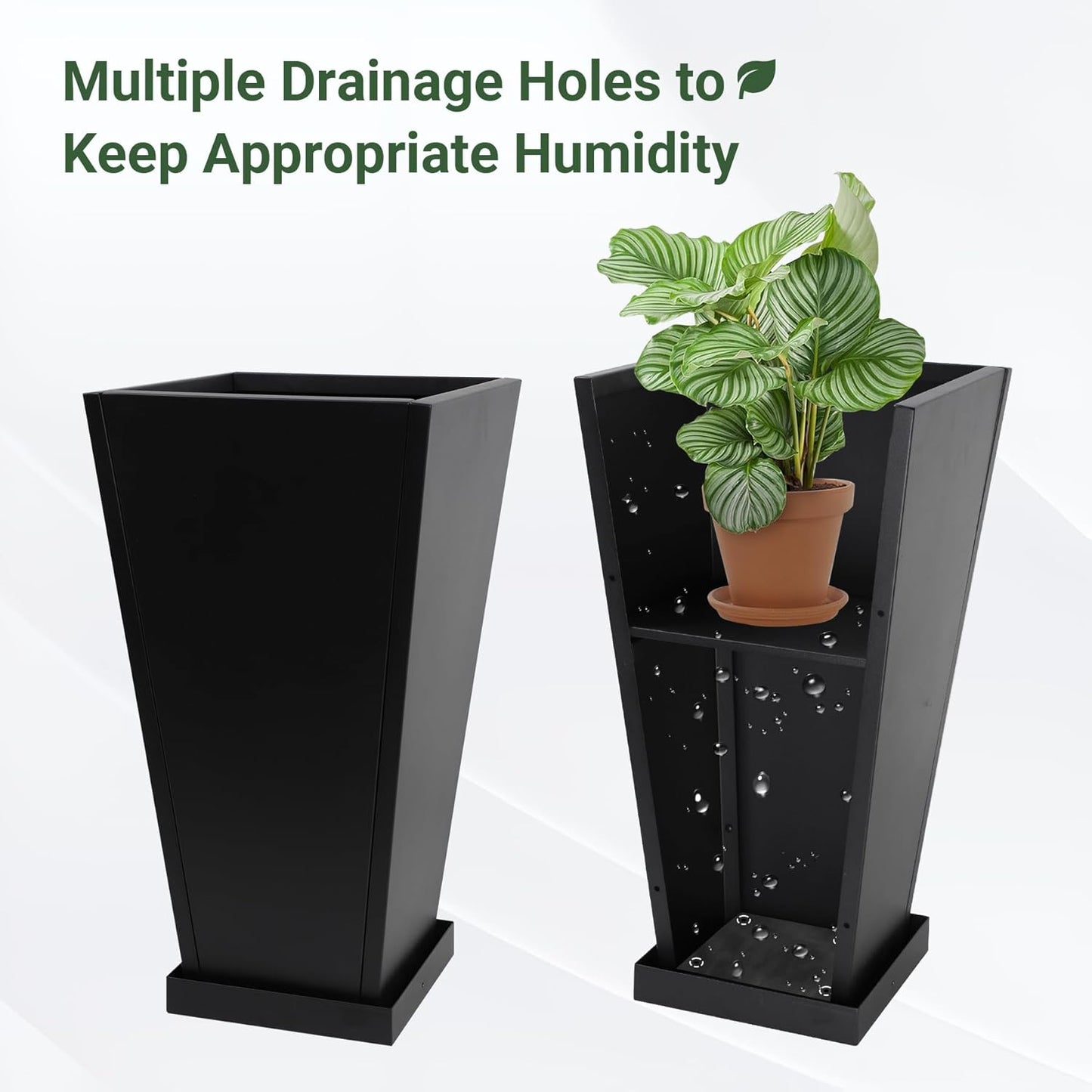 Metal Planter 30" H - 2 Pack, Tall Planters with Removable Insert Shelve & Saucer Trays, Metal Outdoor Planters for Porch, Garden, Patio, Yard (Black)