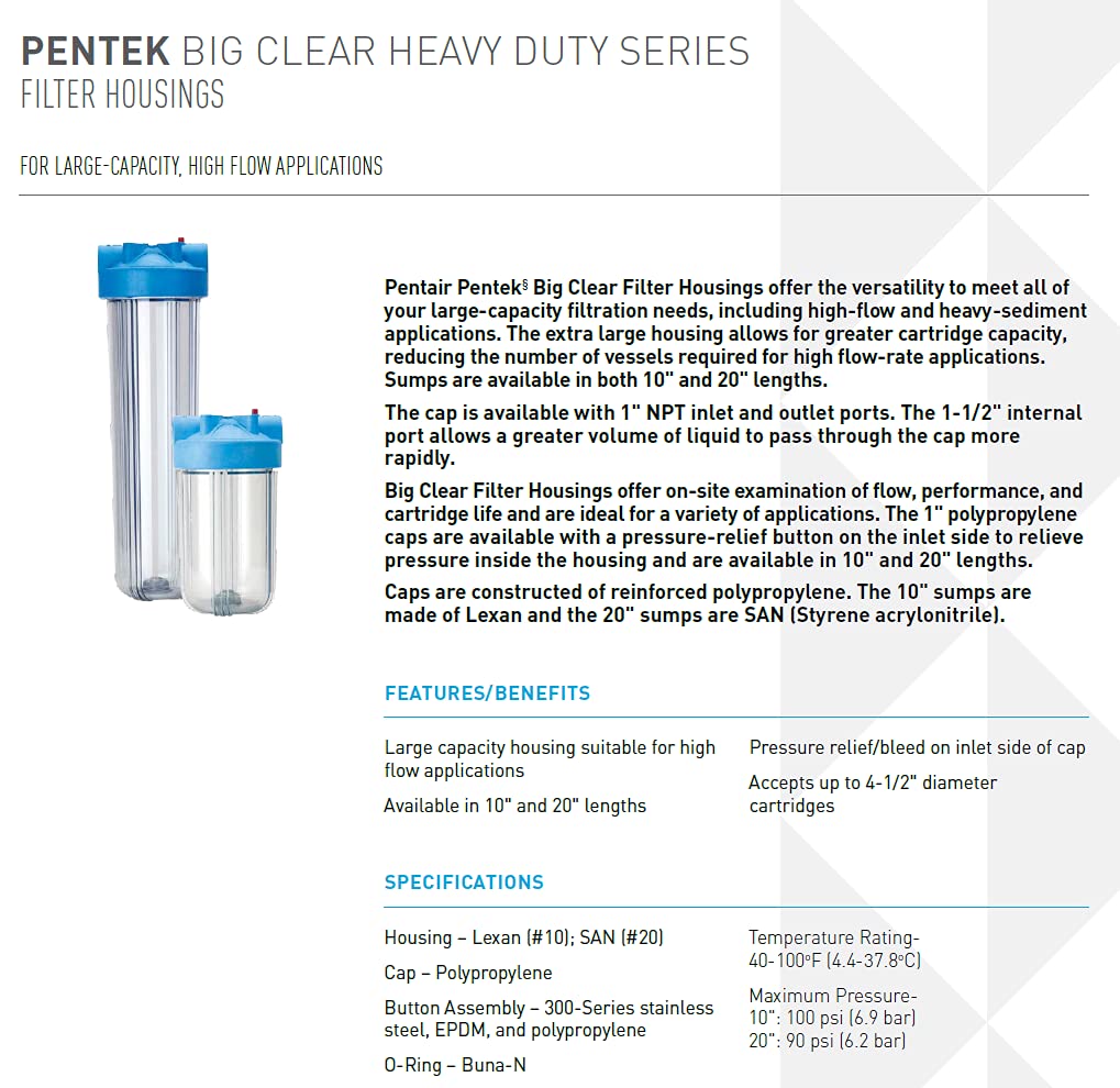 Pentair Pentek 166219 Big Clear Filter Housing, 1" NPT #10 Whole House Heavy Duty Water Filter Housing with Pressure Relief Button, 10-Inch, Blue/Clear