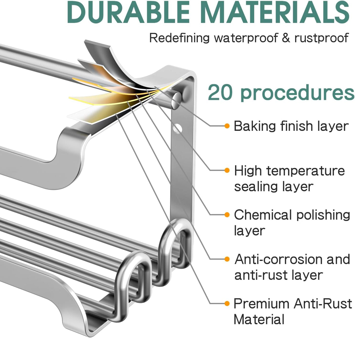 LUCYCAZ 2 Pack Wall Mounted Spice Rack with 16 Hooks, Spice Organizer Shelf for Stove Cabinet Pantry Door,Screw or Adhesive Spice Shelf Hanging Wall Spice Rack in Kitchen and RV (Silver, 2 PACK)