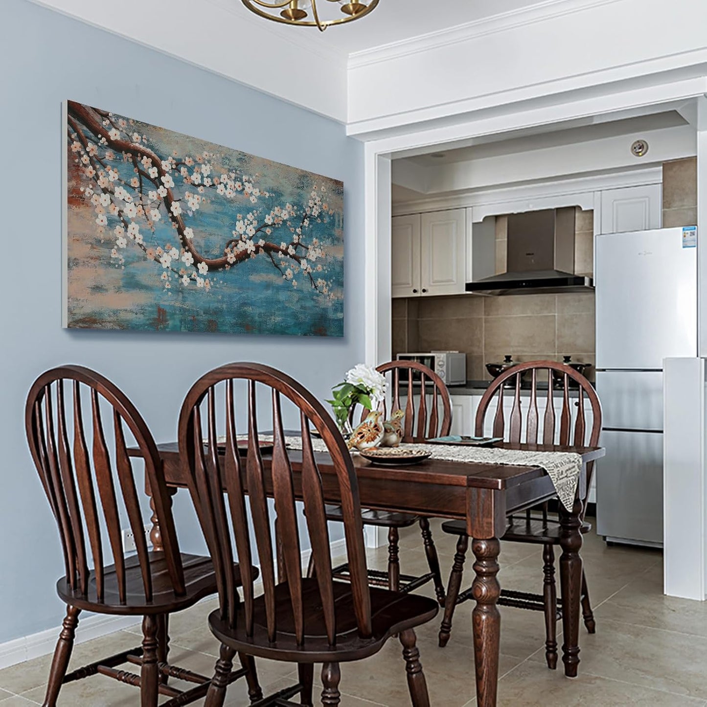 Large Canvas Wall Art for Living Room- 100% Hand-Painted Oil Painting with Texture, Extra Large Gallery Wrapped Floral Plum Blossom Tree Artwork Blue Teal Lake Wall Picture for Bedroom, Office Decor