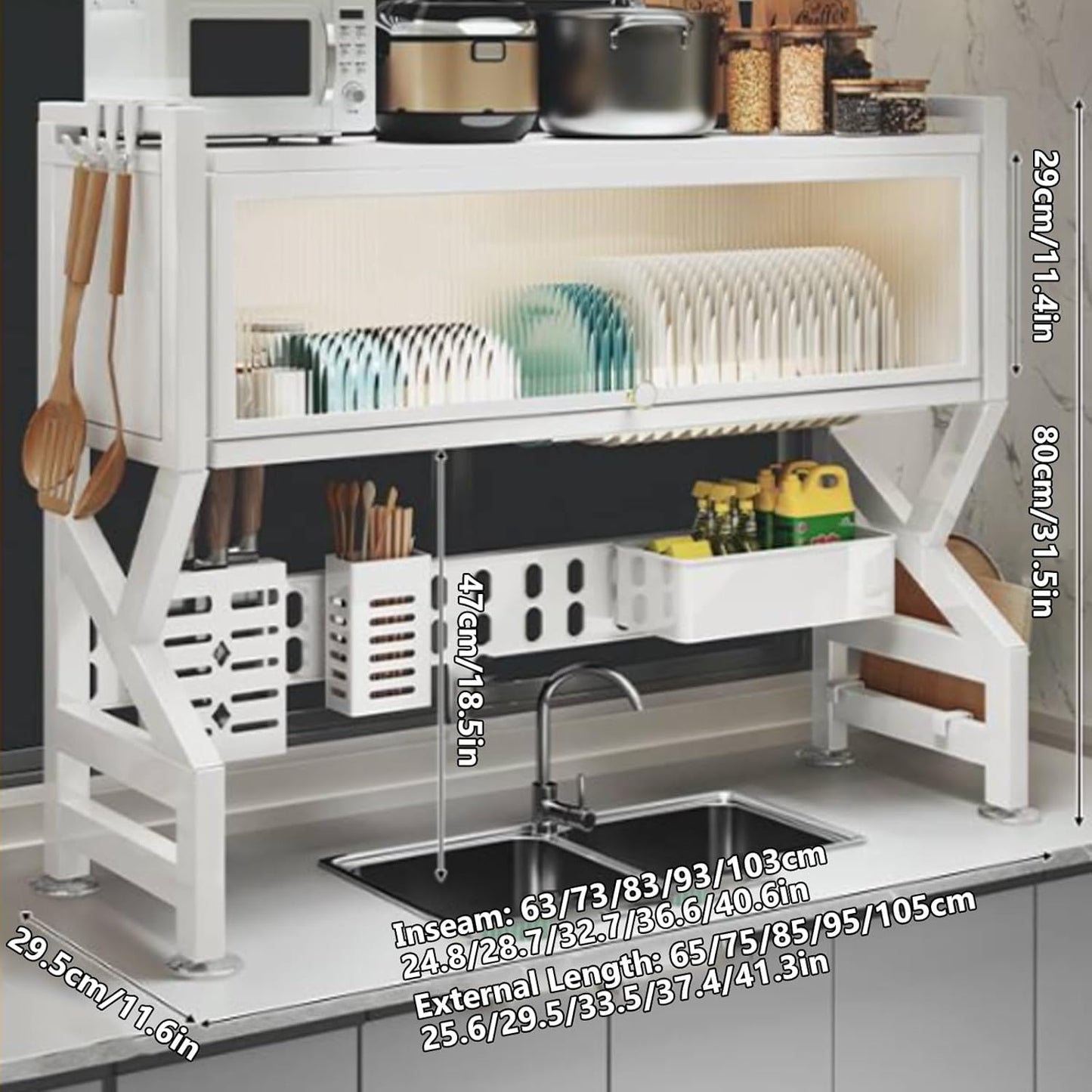 Kitchen sink rack dishwashing sink countertop dustproof cupboard storage multifunctional tableware storage drain rack double layer,KeepKitchen Sink Shlef Organized Space-Saving(Black,65cm/25.6in)