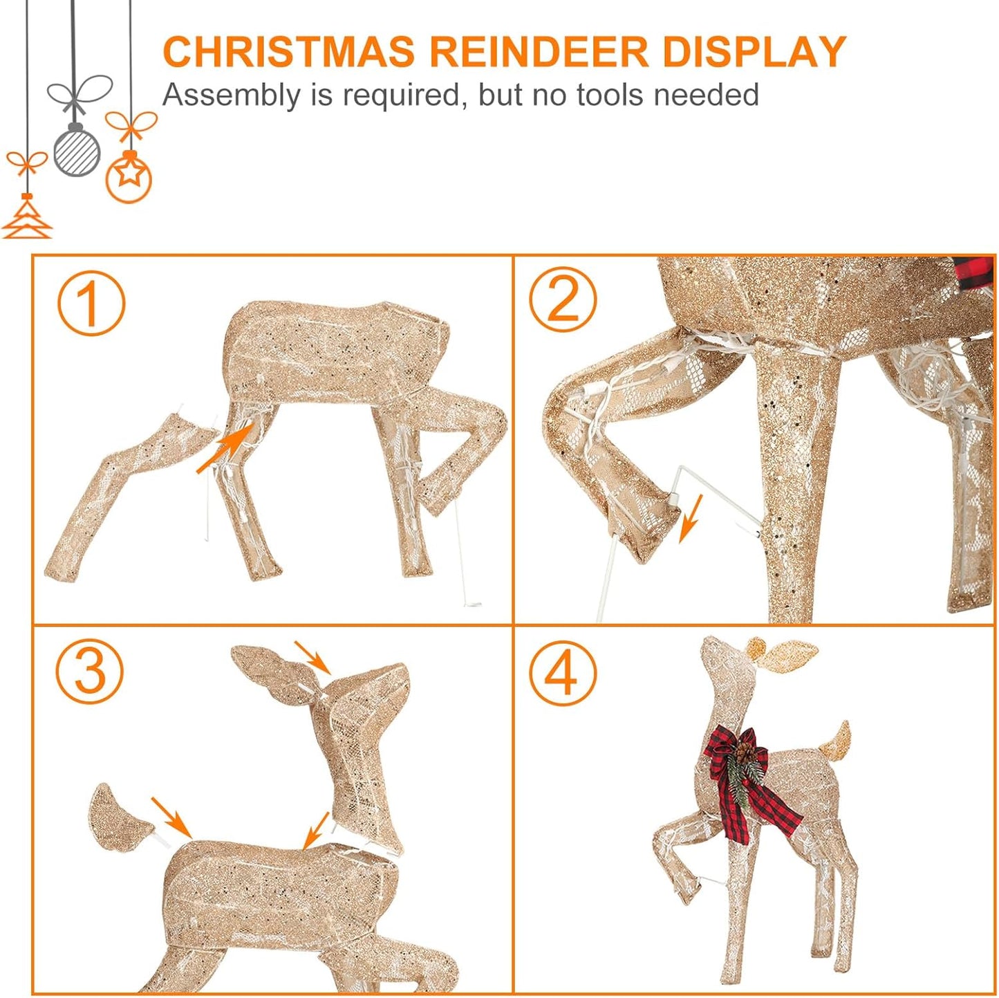 2 Pcs Reindeer Christmas Decoration, Xmas Lighted Golden Shimmering Doe and Fawn Display Set with 105 Warm White Lights for Yard Lawn Indoor Outdoor