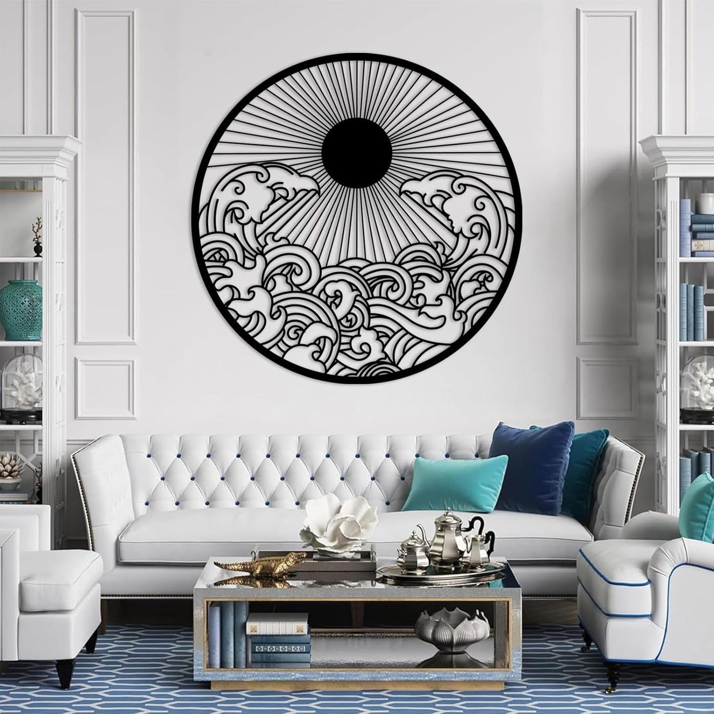 flyoak Metal Sun Wall Decor Outdoor, Sunrise Metal Wall Art, Metal Wave Wall Art, Sunrise and Wave Wall Decor, Sunburst Wall Art, Sunset Wall Art, Wall Hangings for Bedroom (Gold, 19x19in|47x47cm)