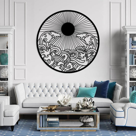 flyoak Metal Sun Wall Decor Outdoor, Sunrise Metal Wall Art, Metal Wave Wall Art, Sunrise and Wave Wall Decor, Sunburst Wall Art, Sunset Wall Art, Wall Hangings for Bedroom (Black, 35x35in|90x90cm)