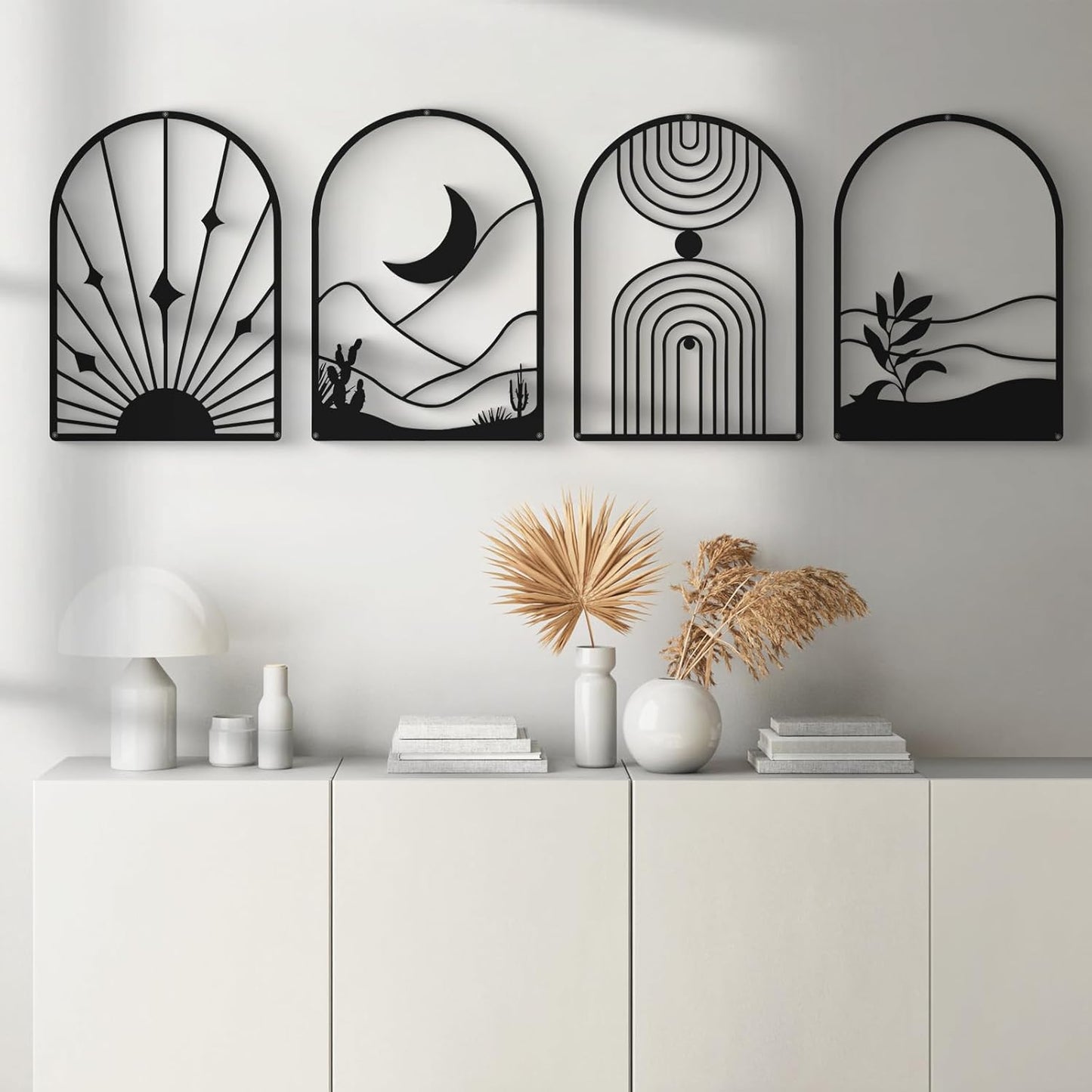 Glamativity 4 Pack Black Abstract Metal Wall Art, Minimalist Décor Single Line Art Wall Décor, 3D Textured Metal Wall Sculptures, for Living Room Bedroom Bathroom Study Room (Black Boho, M Size 17 x 12'')