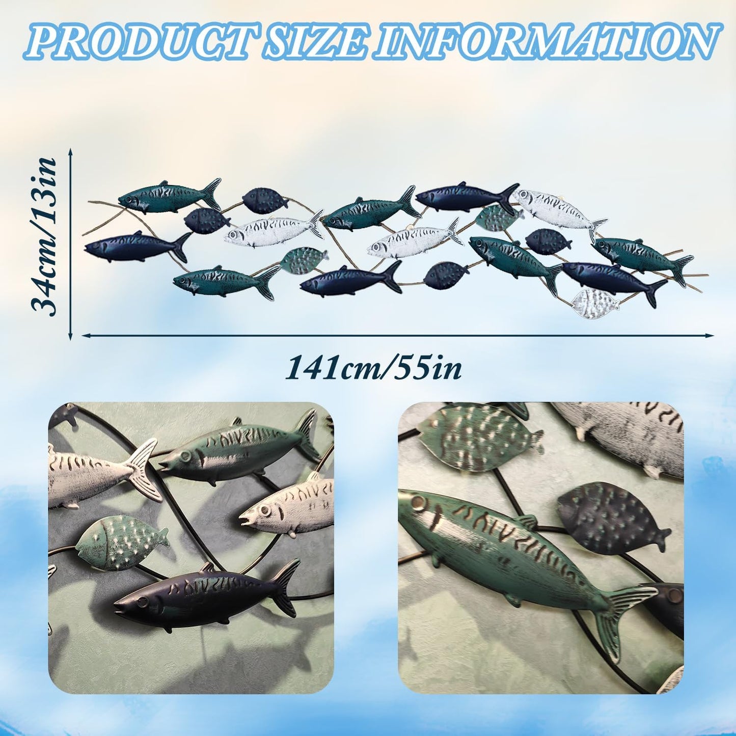 edaknez Large Fish Wall Art, Coastal Nautical Decor, Outdoor Indoor Metal Wall Art, School of Fish Wall Sculpture, for Living Room, Bedroom Beach or Boat Decor (55 x 13 inch)