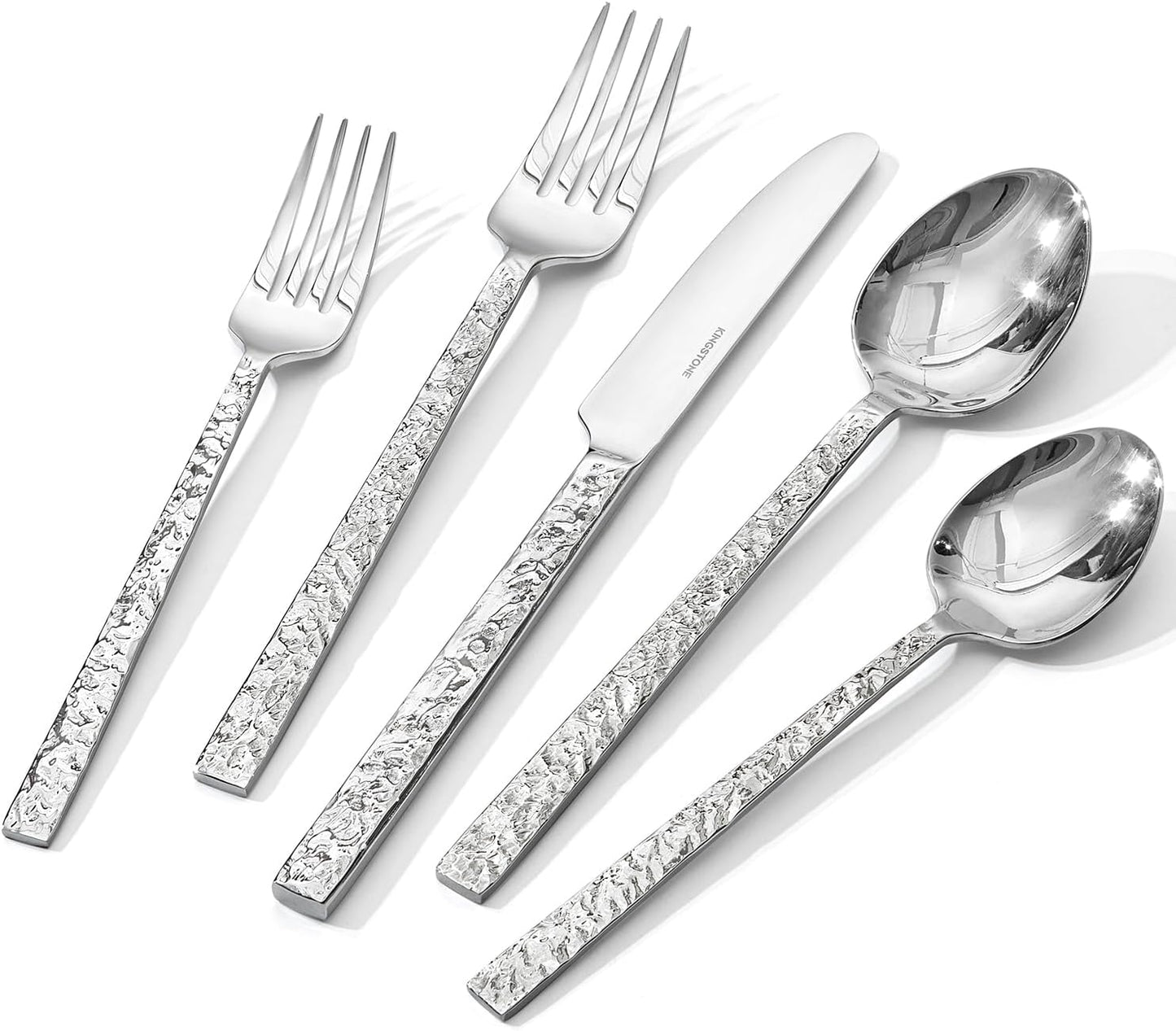 KINGSTONE 60 Pcs Hammered Silverware Set for 12, 18/10 Stainless Steel Heavy Duty Flatware Set, Tableware Cutlery Utensil Sets for Home Restaurant Dishwasher Safe