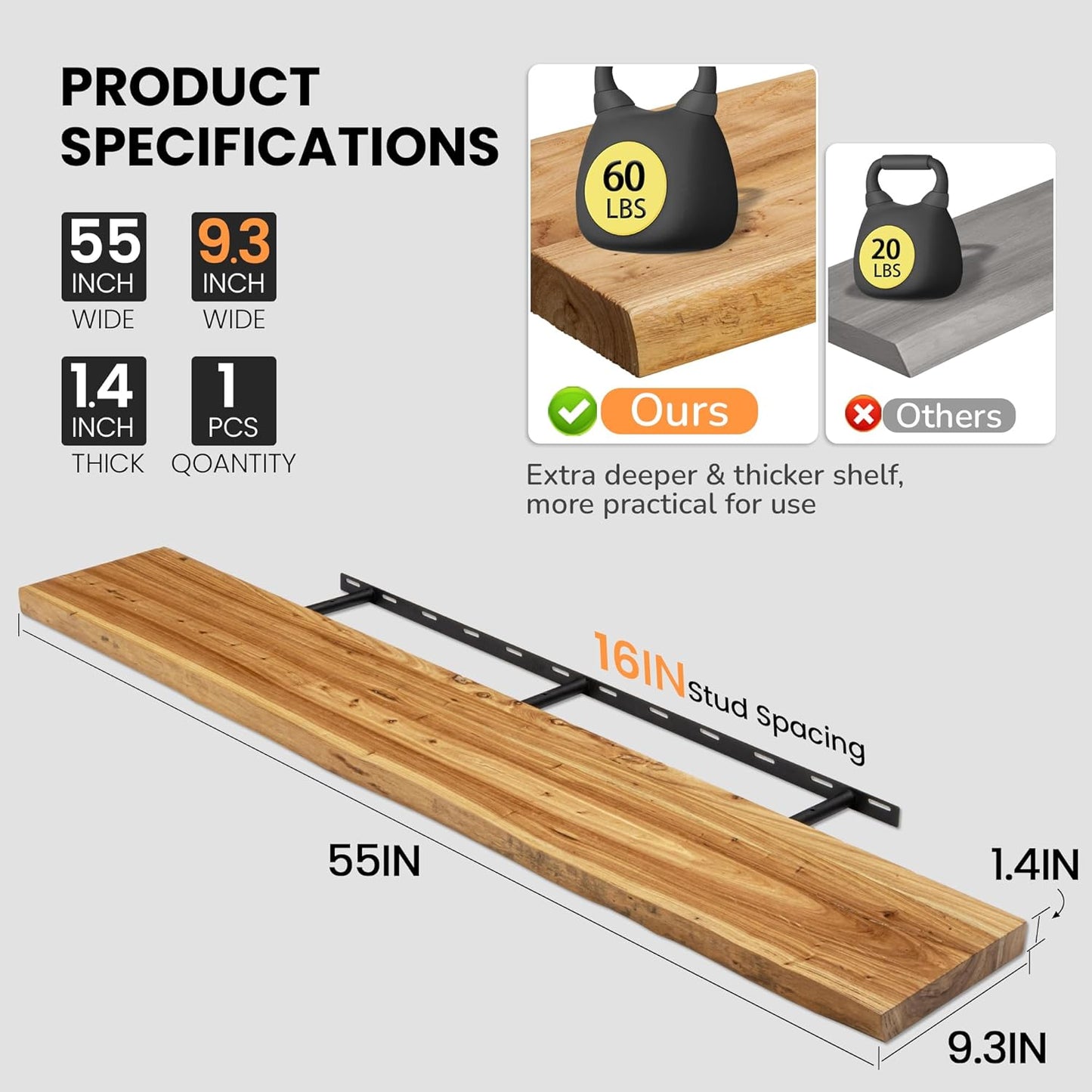 Floating Shelves for Wall, 55"x9.3" Rustic Solid Live-Edge Elm Wood Wall Shelves, Heavy-Duty Floating Shelves with Invisible Brackets for Living Room, Bedroom, and Kitchen, Natural Finish