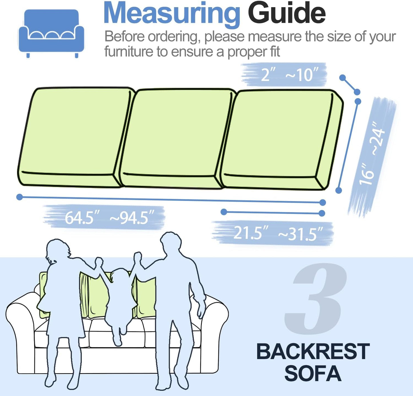 Large Backrest Cushion Covers Super Stretch Backrest Covers for 3 Cushion Couch Sofa, Couch Back Cushion Covers Featuring with Chenille Yarn (Softer Version, 3PC, Green)