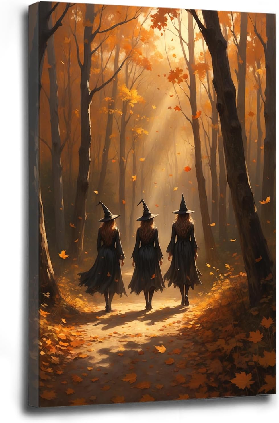 Three witches walking in the forest in autumn canvas painting gothic poster halloween print country witch wall art for home decoration24x36in Wood Framed